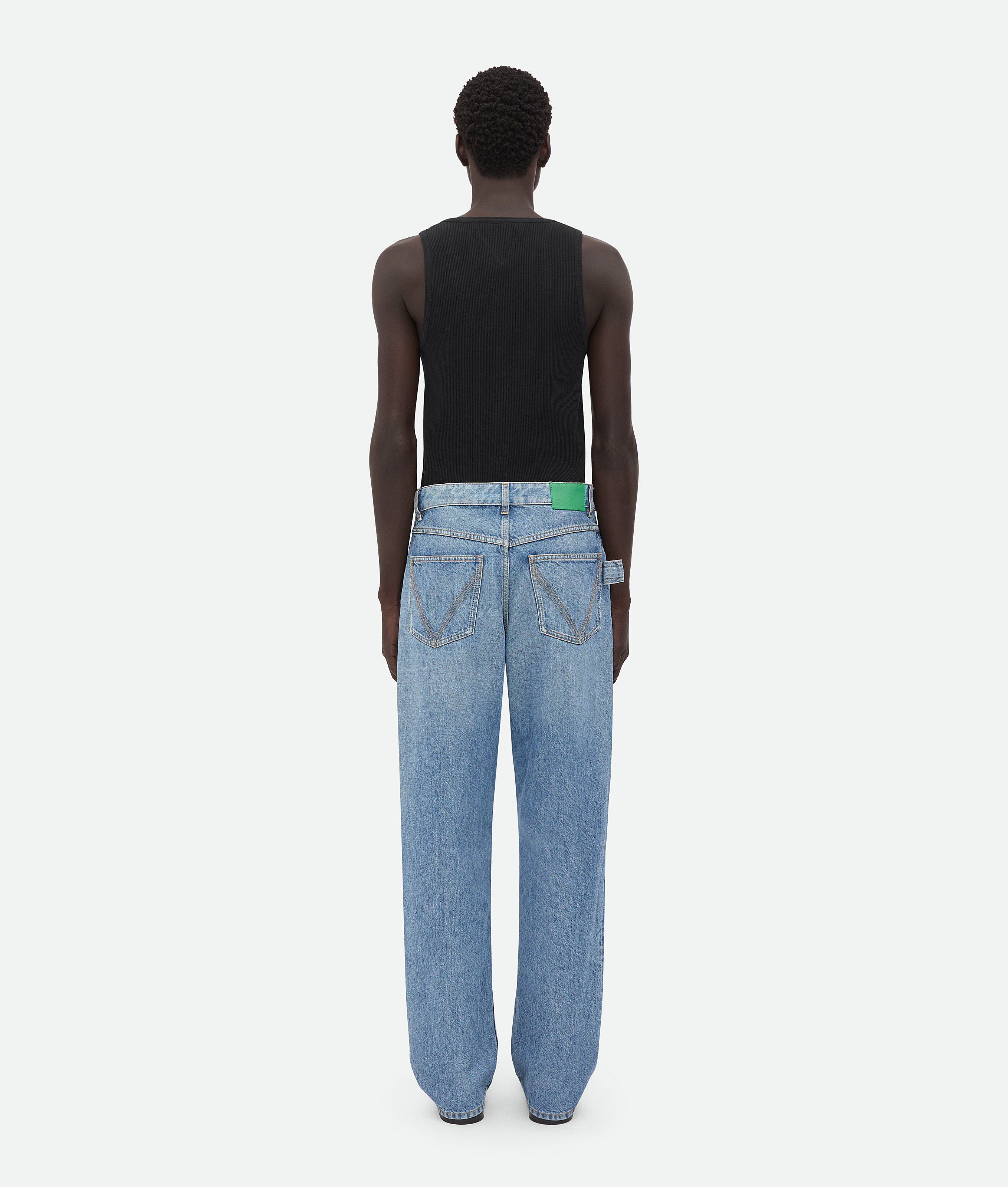 Bottega Veneta Straight Leg Denim Trousers Green Patch In Blue