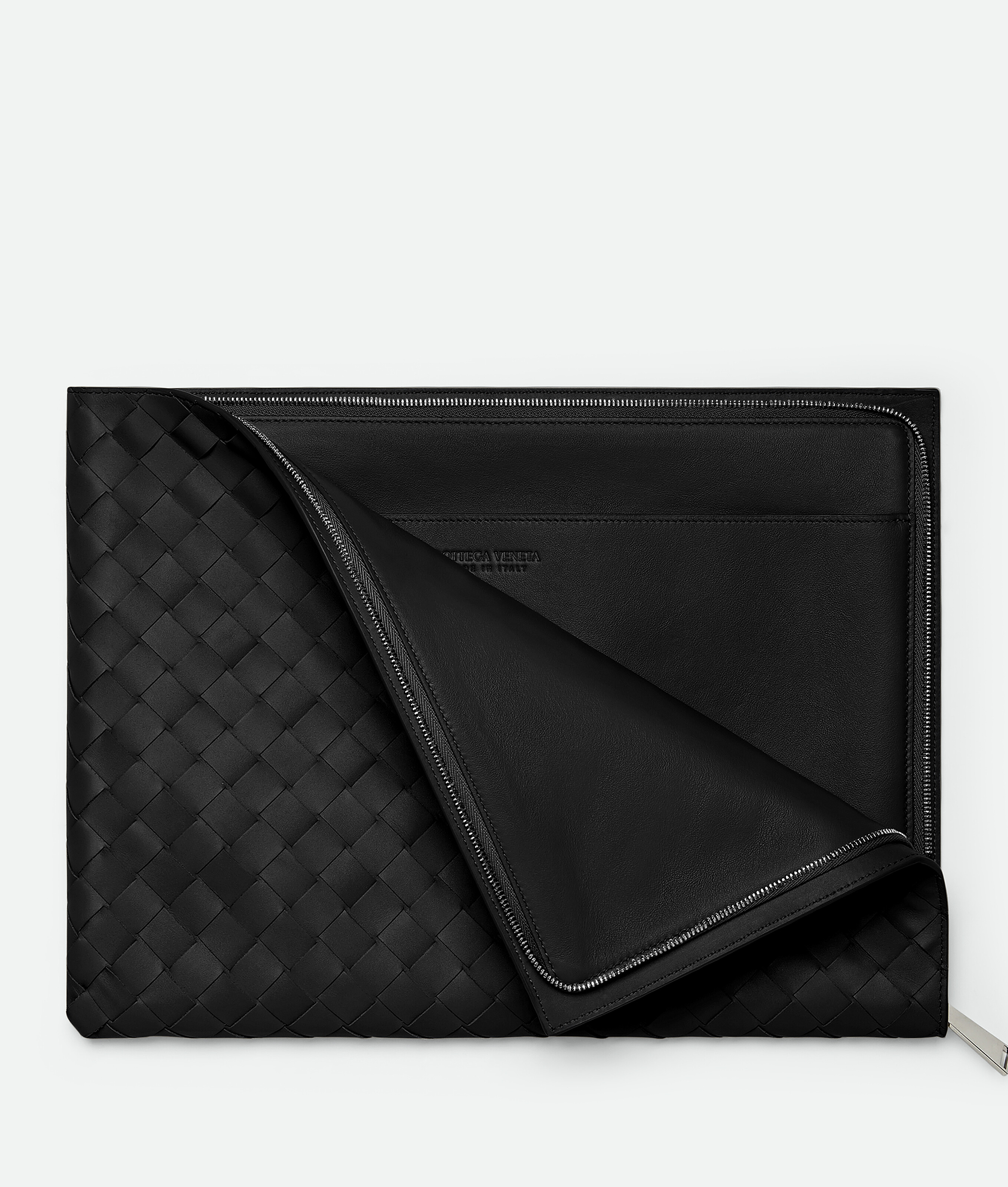 Shop Bottega Veneta Intrecciato Half Zip Pouch In Noir