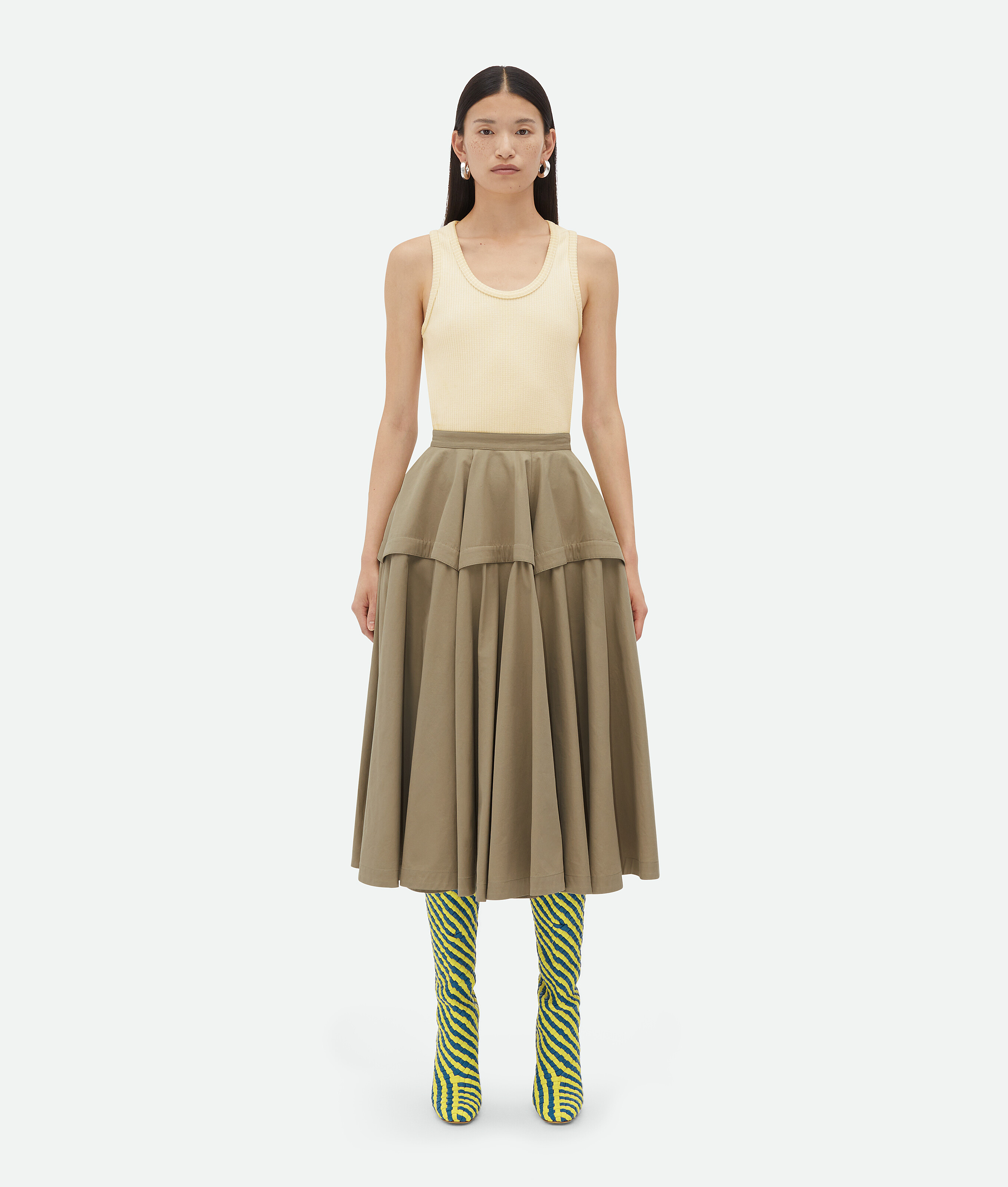 Bottega Veneta Flared Waist Layered Midi Ruffle Skirt In Beige