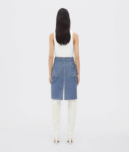 Printed Leather Denim Midi Skirt
