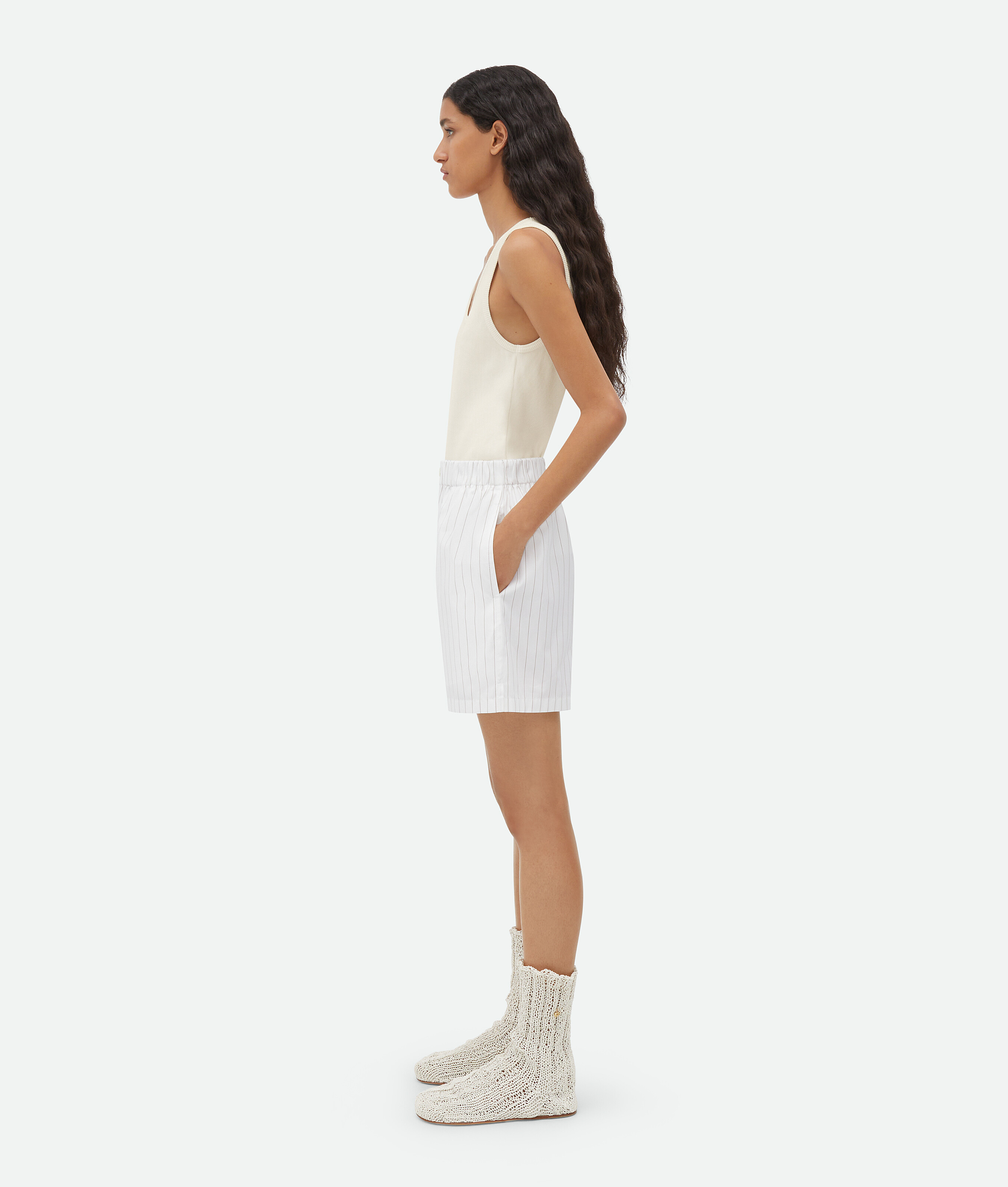 Shop Bottega Veneta Cotton Pinstripe Shorts In White