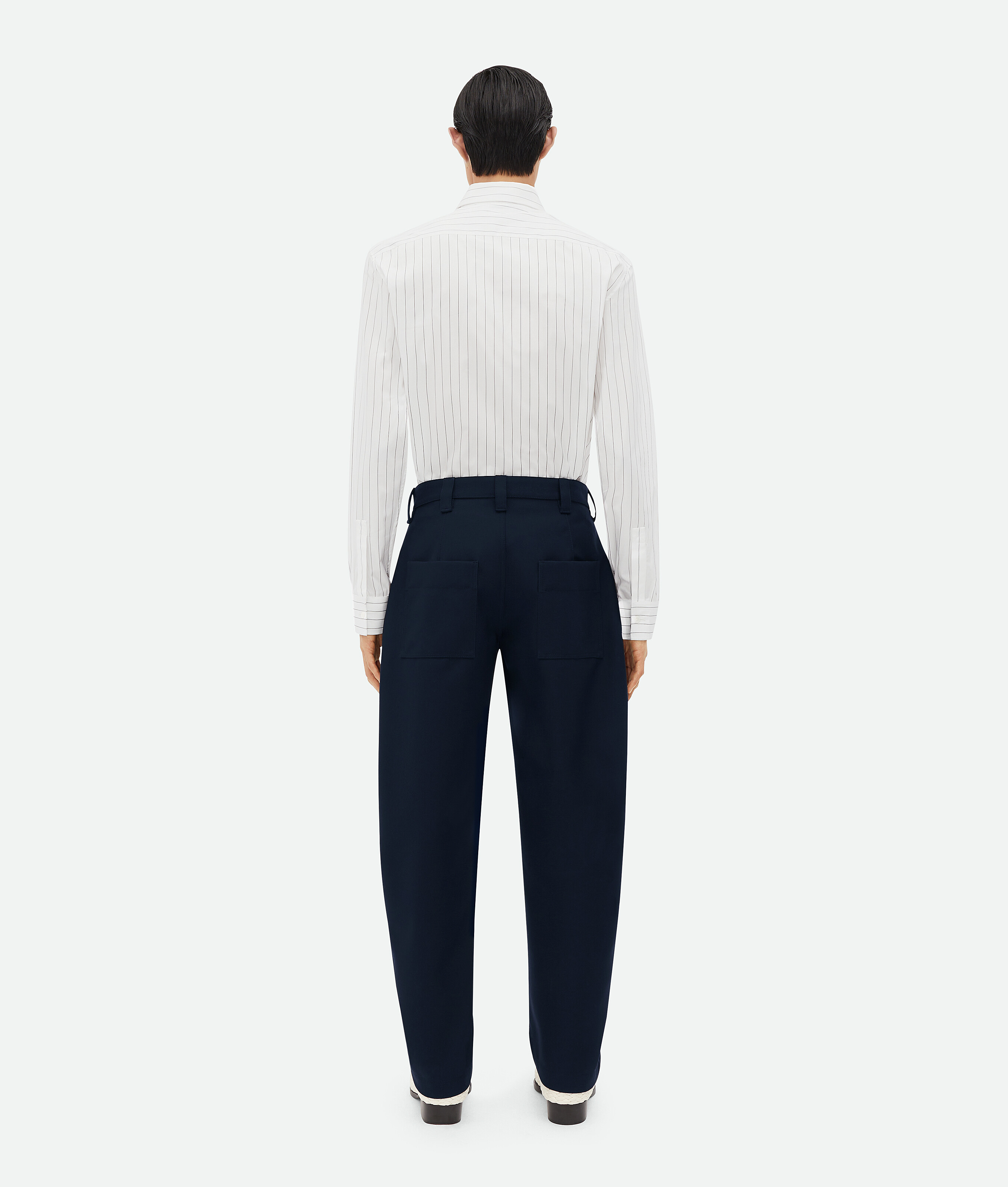 Shop Bottega Veneta Bonded Wool And Cotton Tapered Trousers In Blue