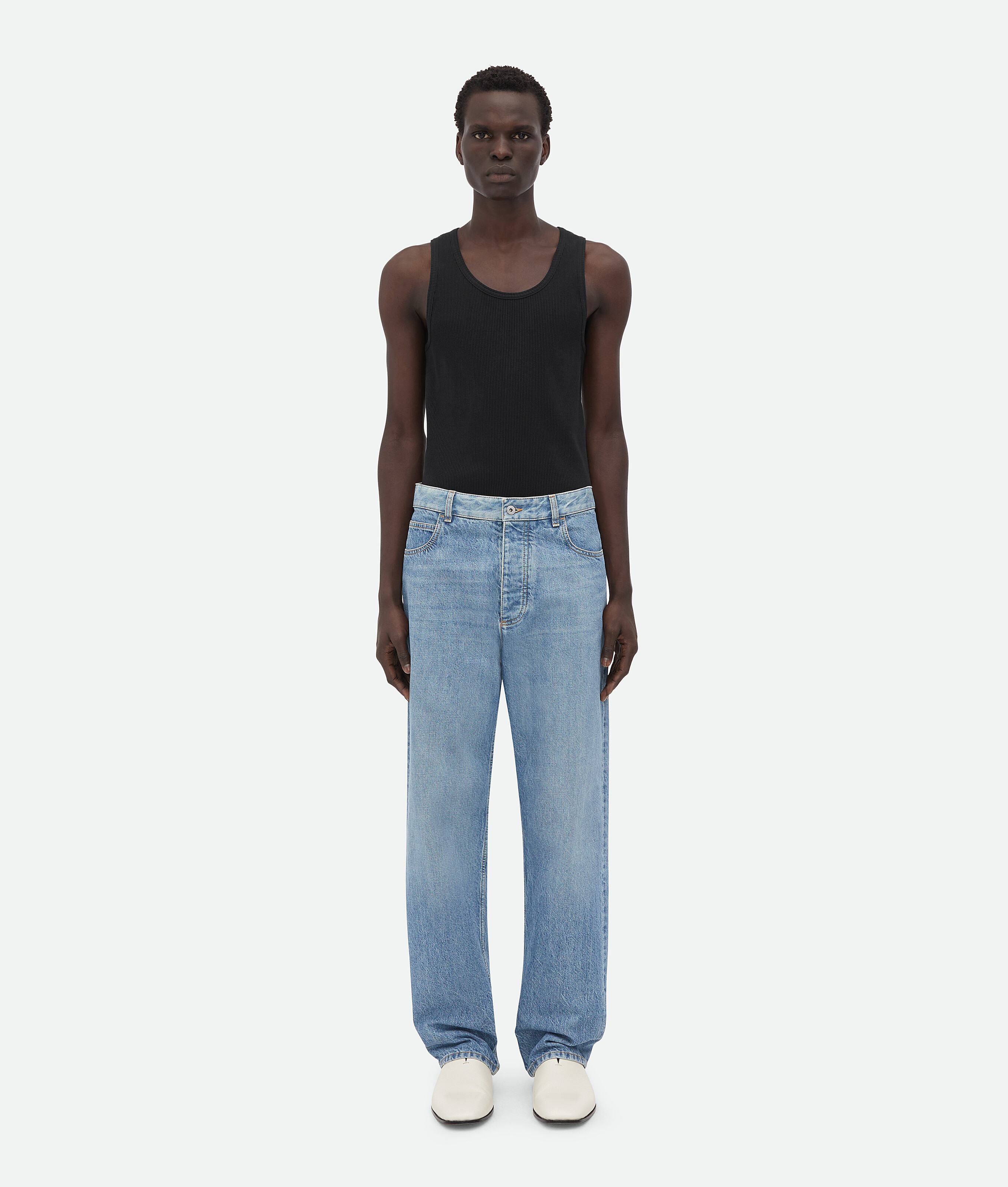 Bottega Veneta Straight Leg Denim Trousers Green Patch In Blue