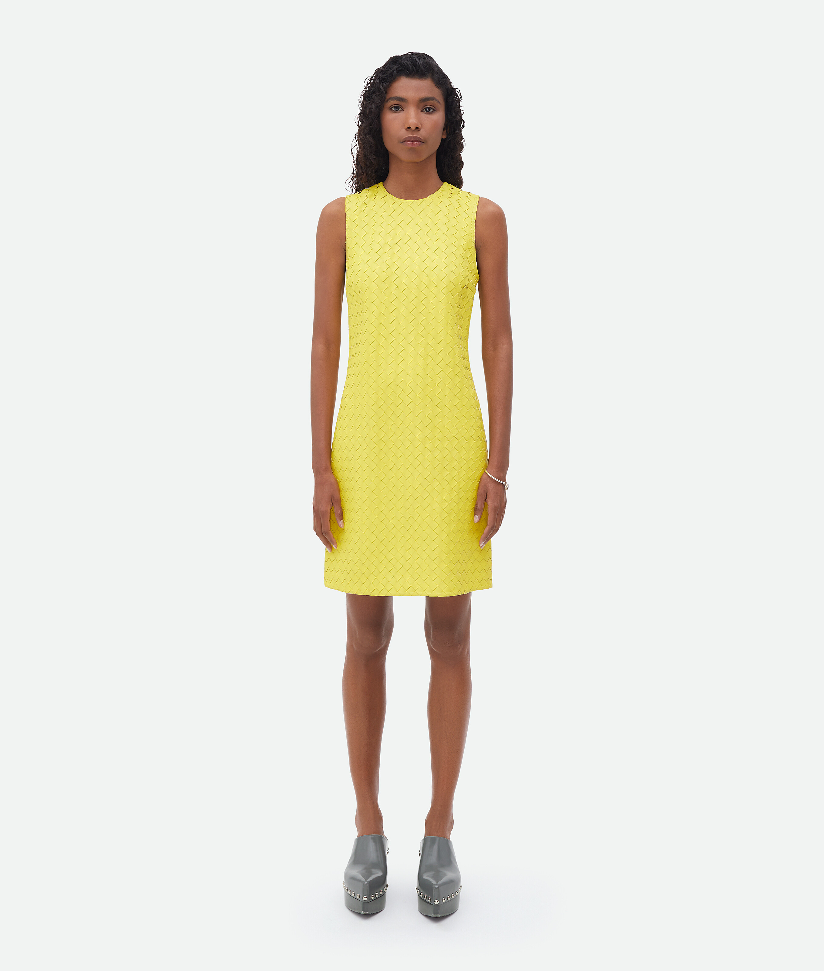 Bottega Veneta Leather Intrecciato Weave Mini Dress In Yellow