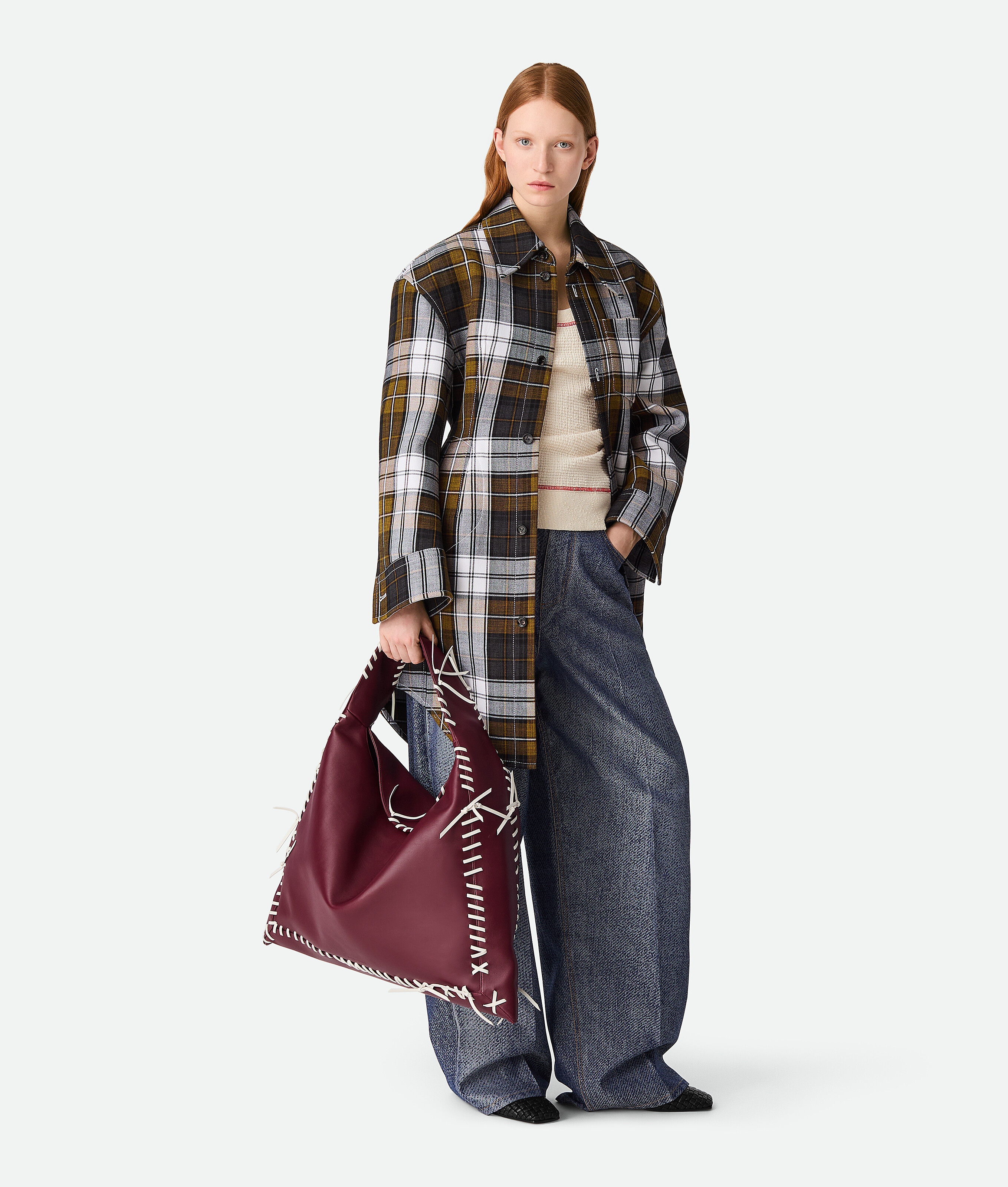 Bottega Veneta Multicolor Structured Cotton Check Coat In Vulcano/chalk/jute
