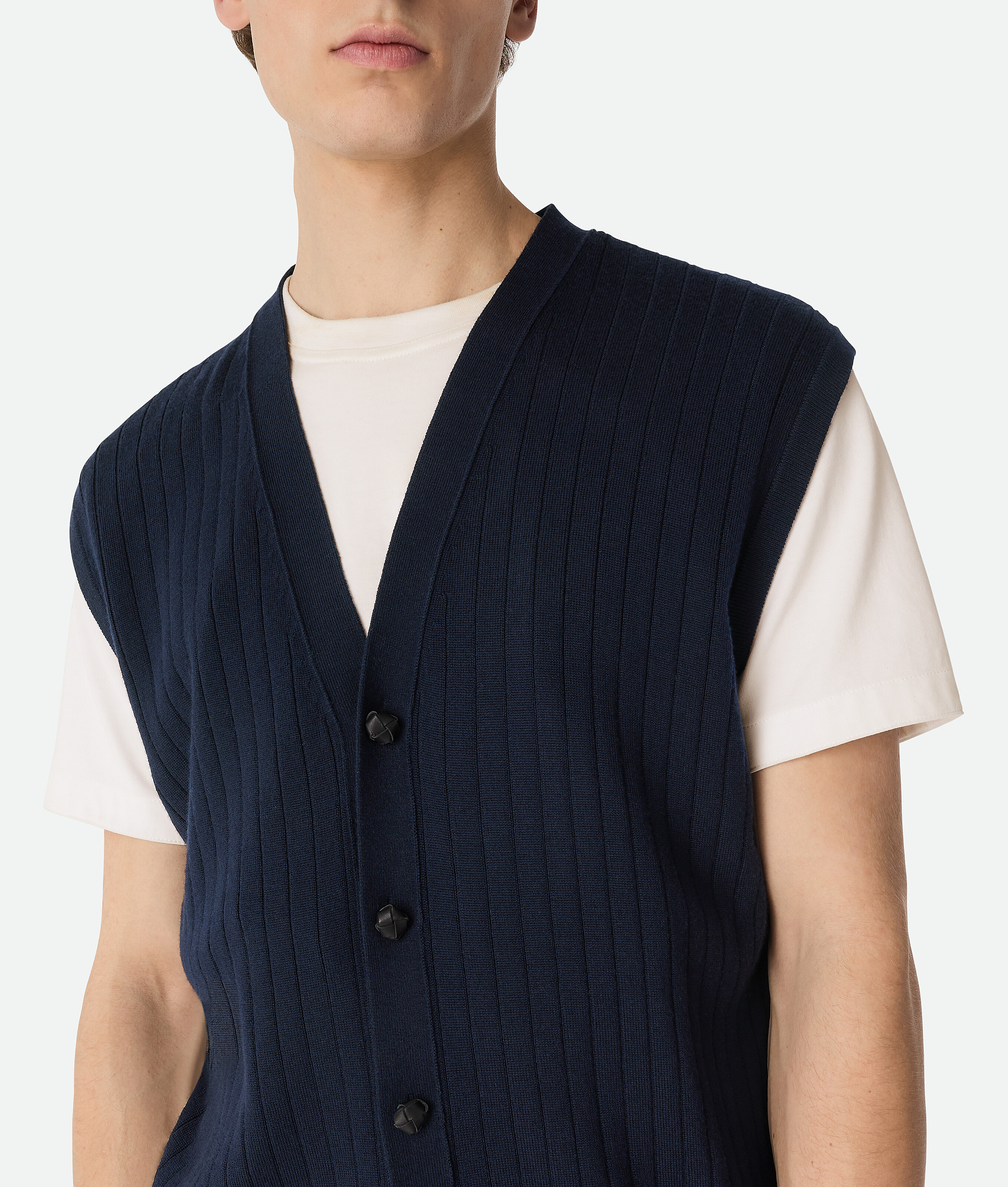 Bottega Veneta Blue Flat Rib Knit Cardigan-like Vest