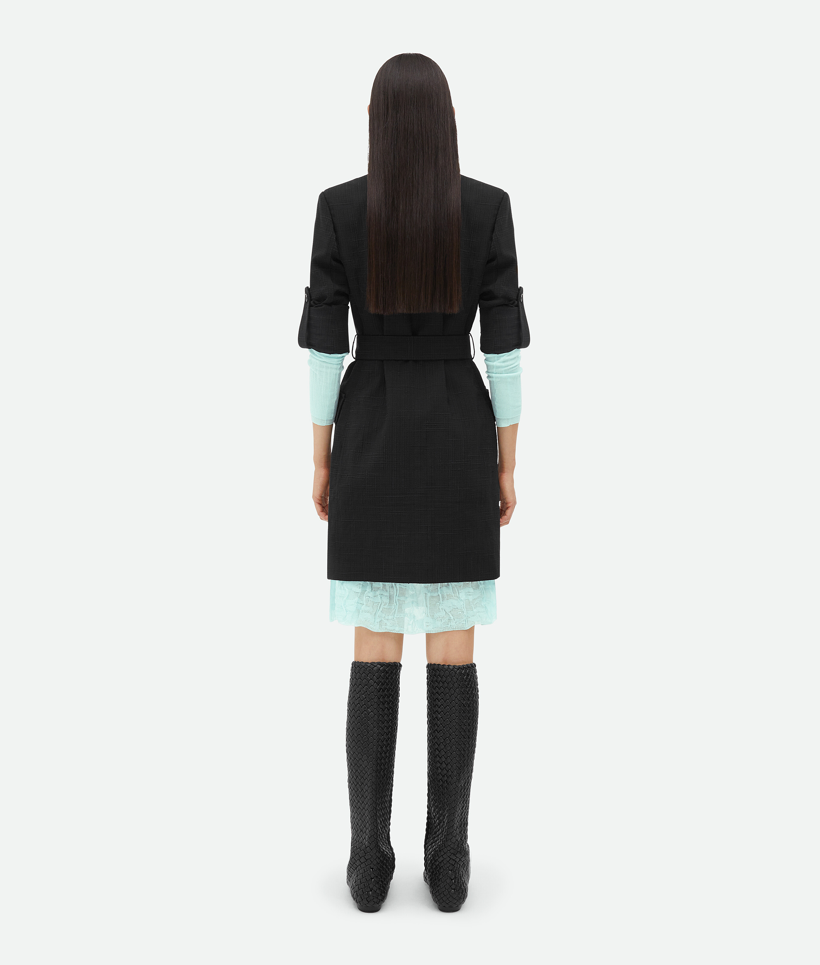 Bottega Veneta Textured Criss-cross Belted Dress In Black