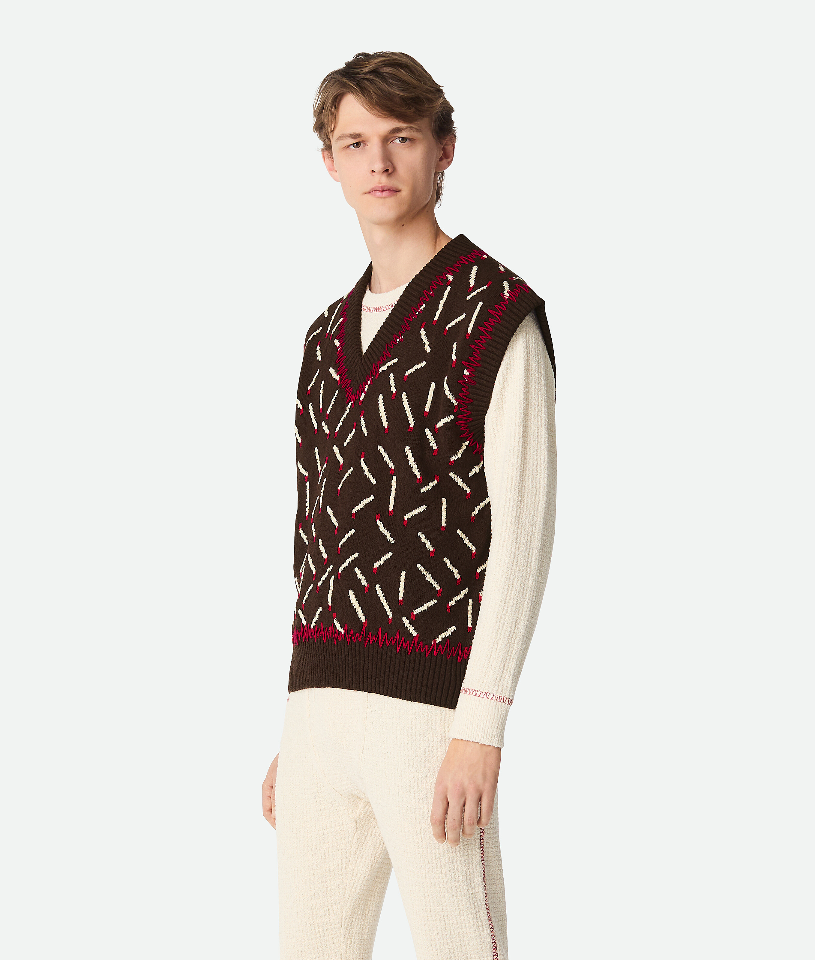Bottega Veneta Men Brown Jacquard Vest With Matchstick Pattern In Ebony/chalk/tomato