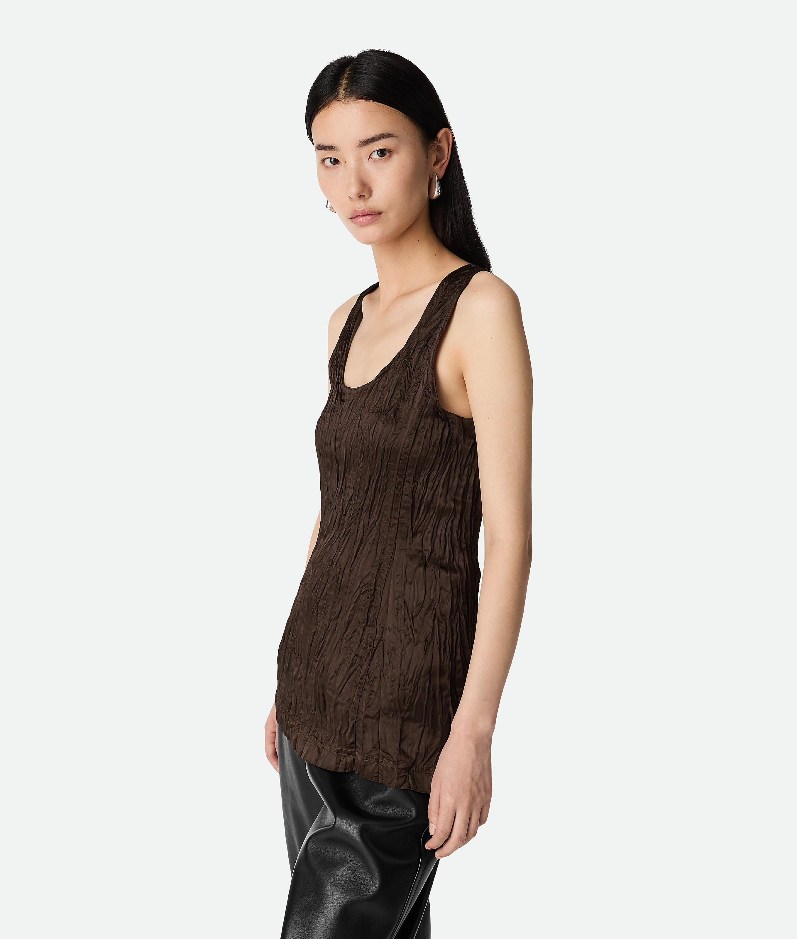 Bottega Veneta Viscose Satin Crushed Tank Top In Ebony