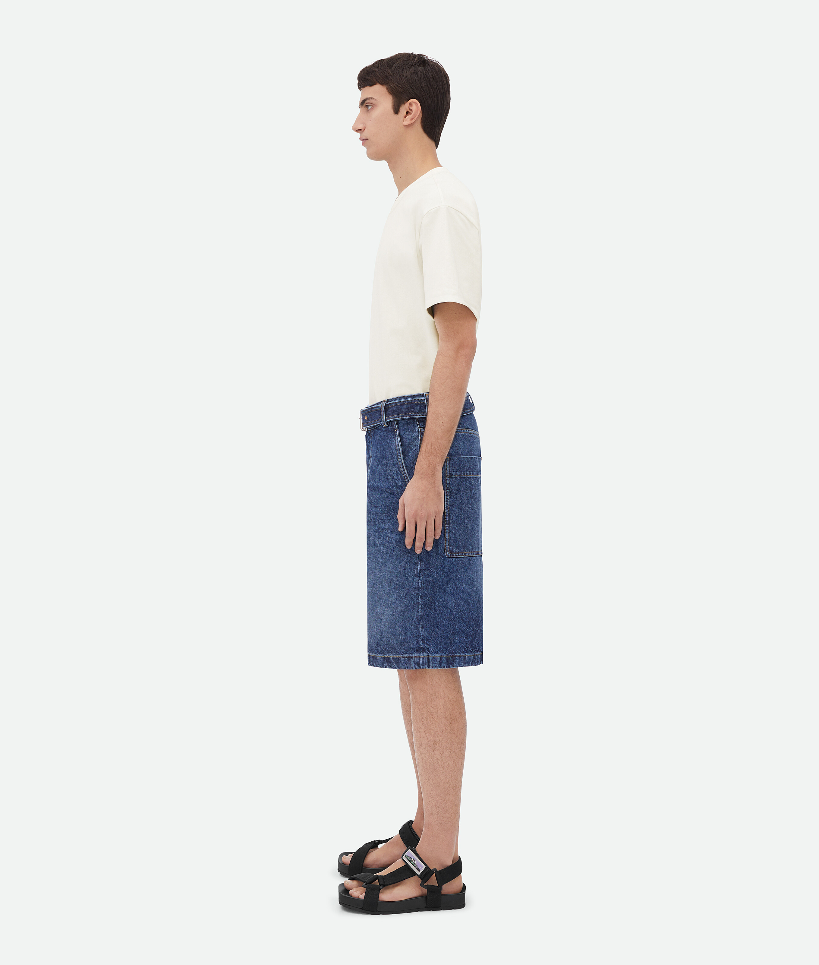 Shop Bottega Veneta Belted Denim Shorts In Blue