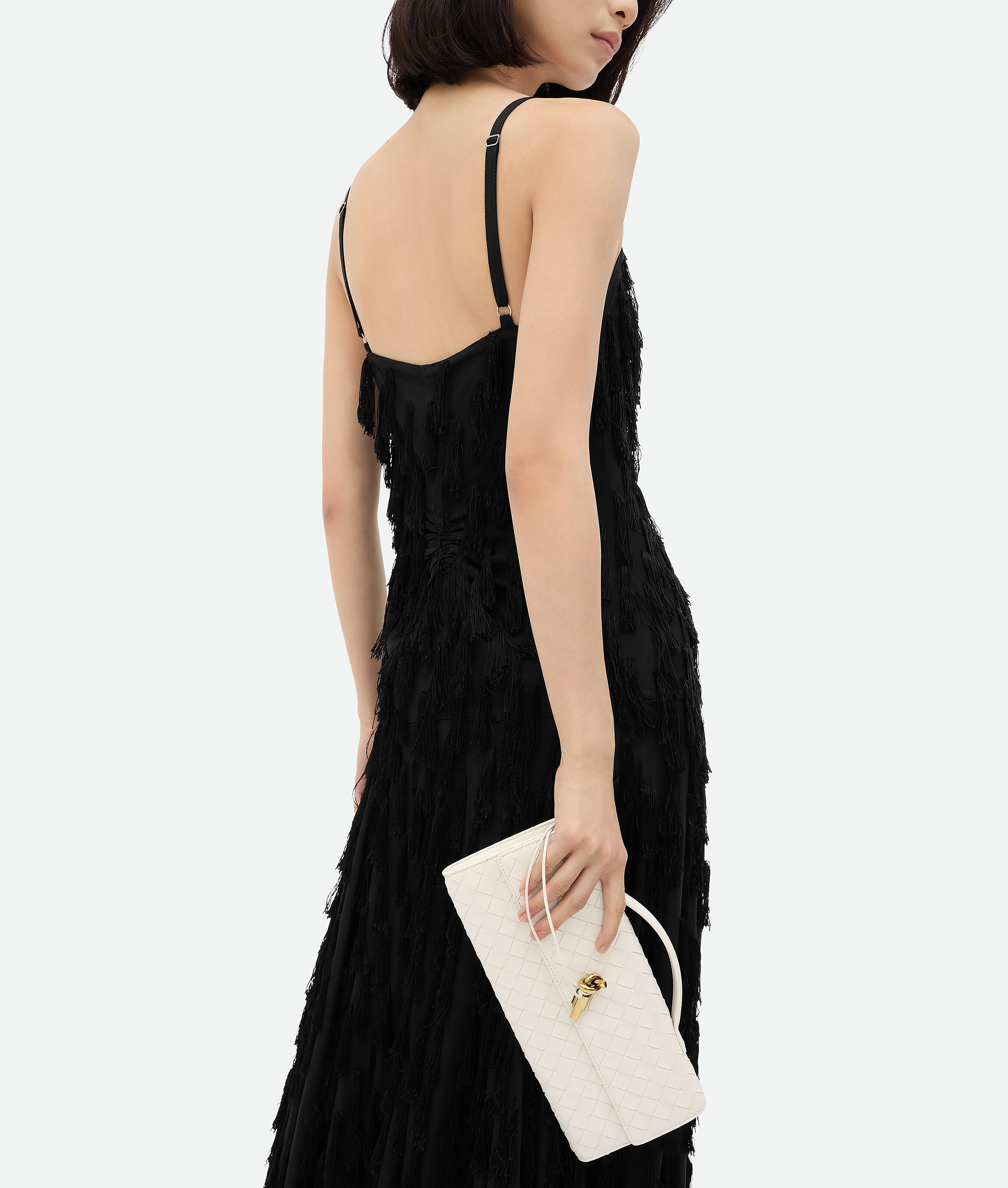 BOTTEGA VENETA KLEID MIT FRANSEN AUS FIL-COUPÉ-CRÊPE