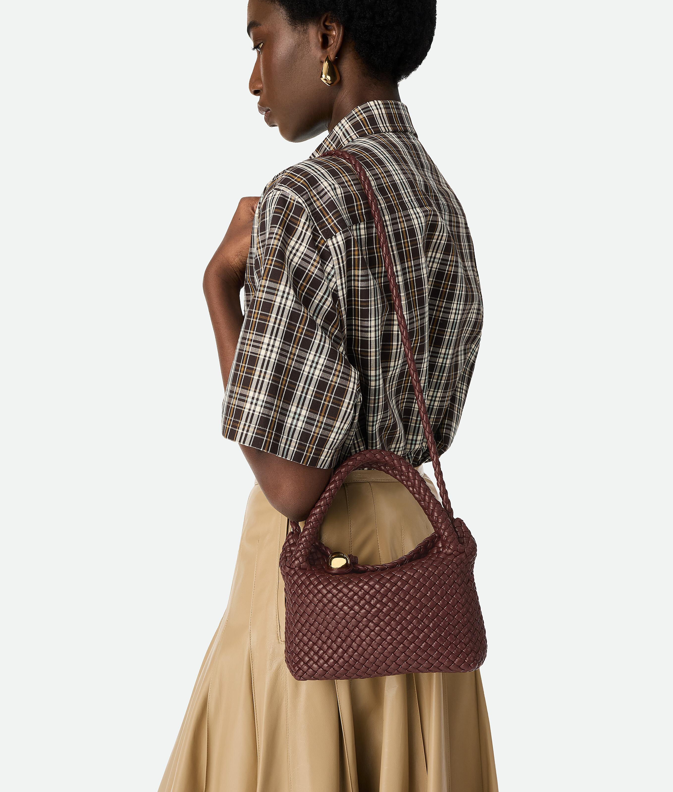Bottega Veneta Double Handle Shoulder Bag In Madder Brown