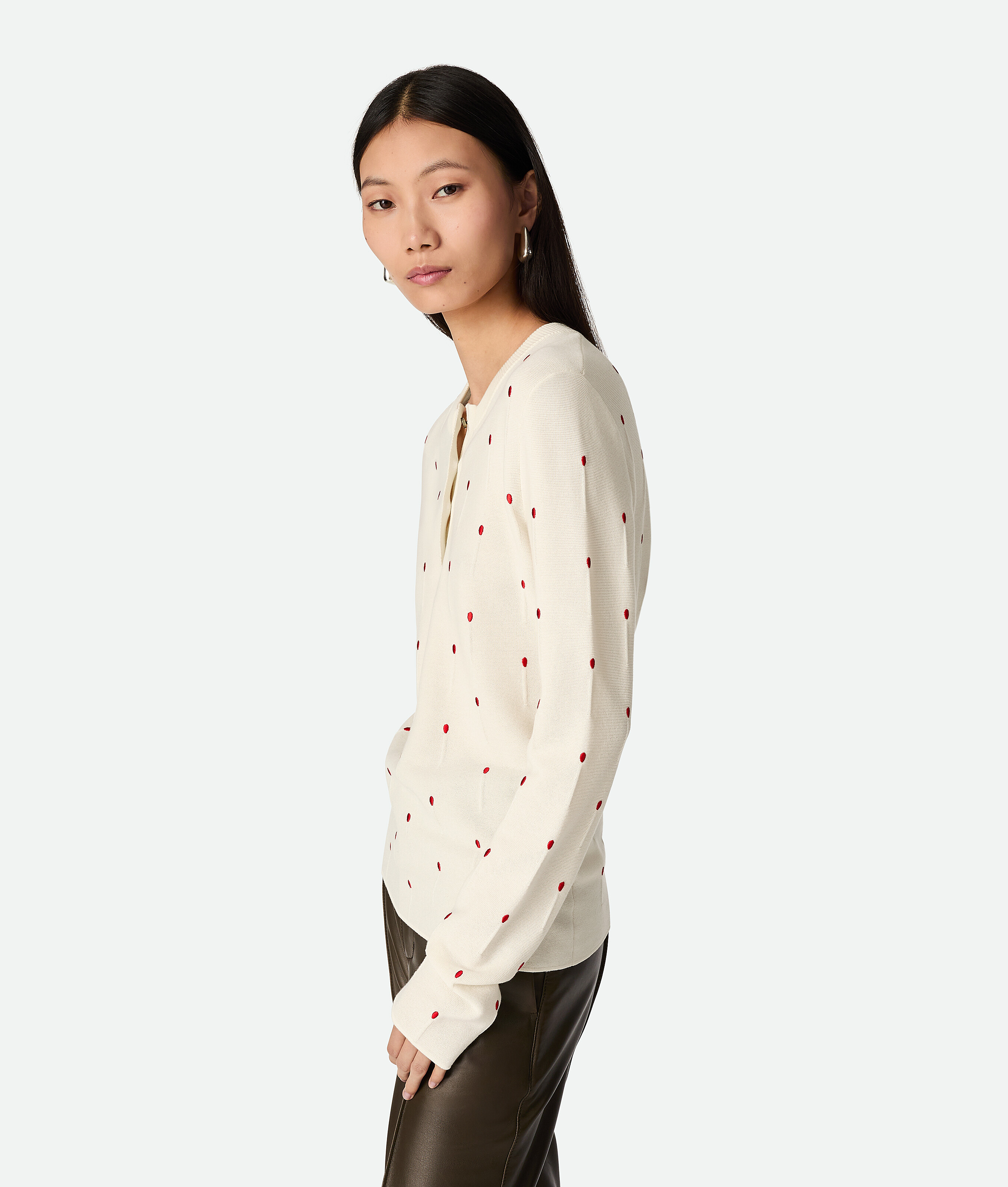 Bottega Veneta Polka Dot Crew Neck Top With Red Embellishment In Chalk/vernis
