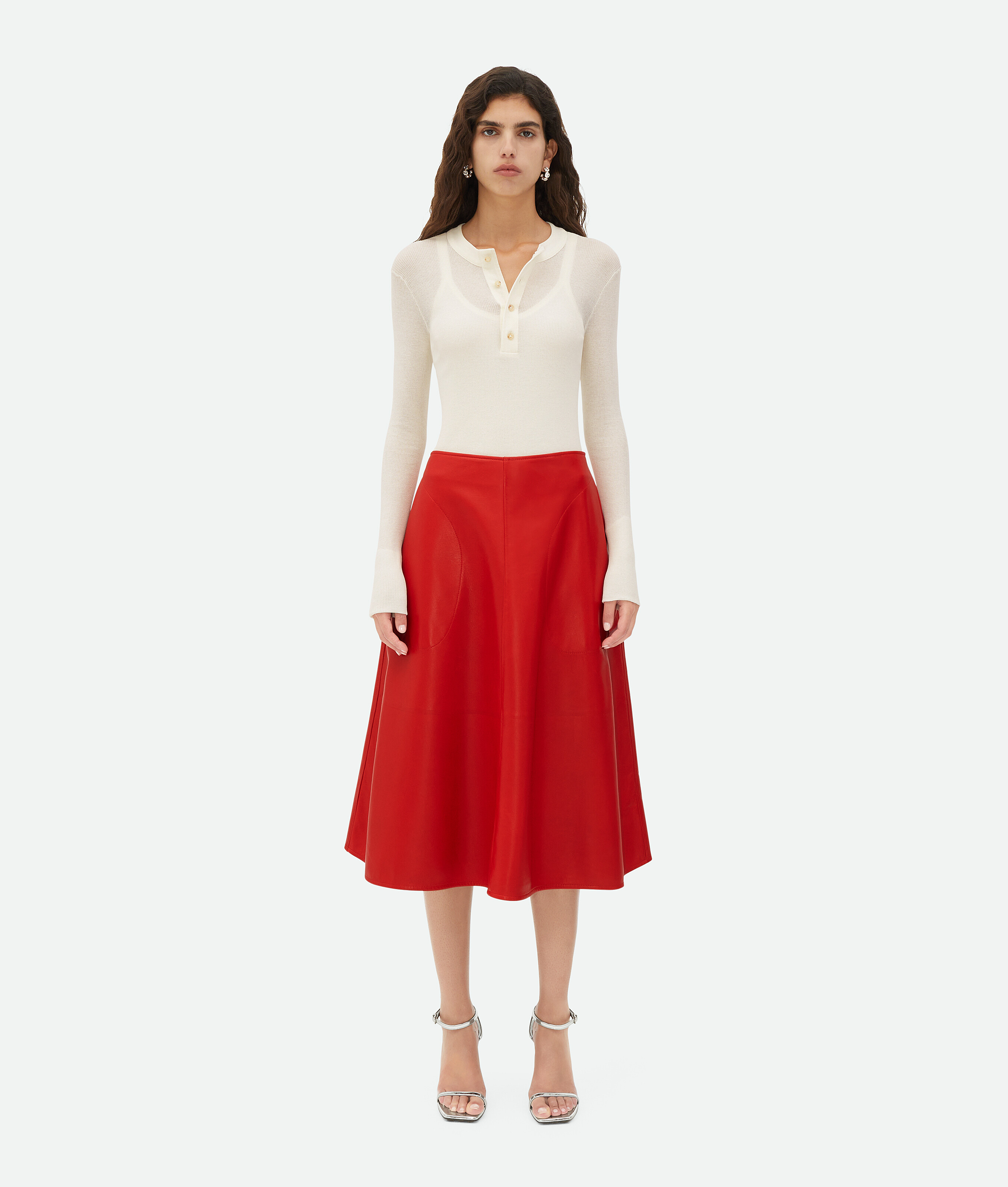 Bottega Veneta Leather Midi Skirt In Red