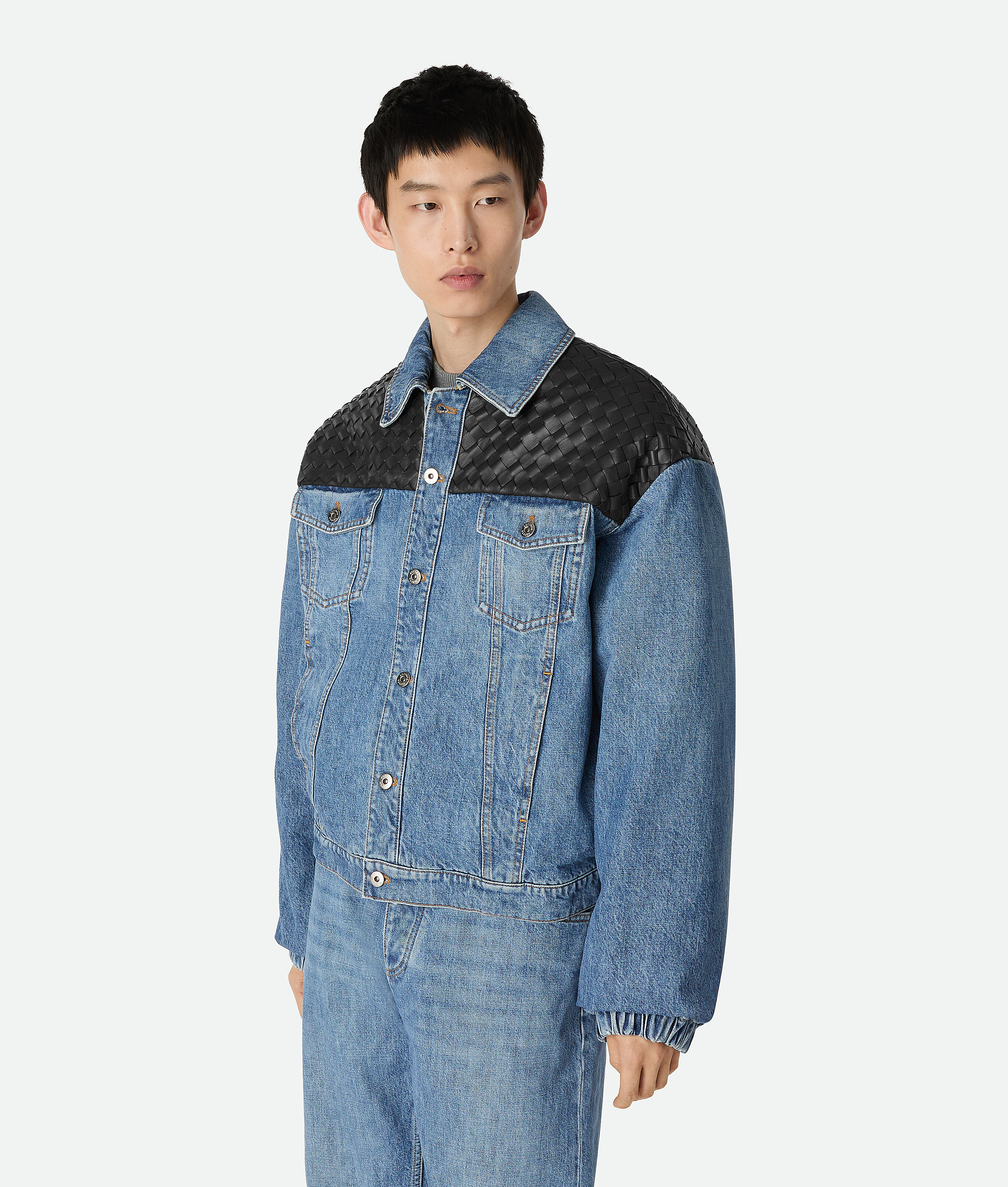 Bottega Veneta Mens Mid Blue Vintage Woven-panels Denim Jacket In Blue
