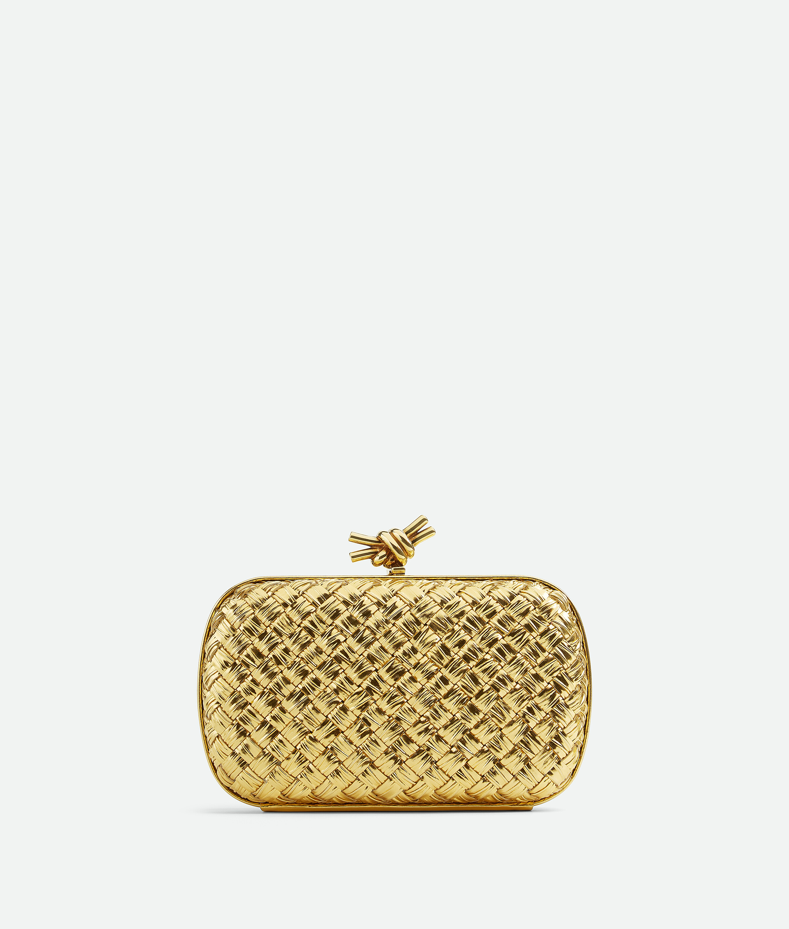 Bottega Veneta Gold Intrecciato Satin and Leather Knot Clutch Bag