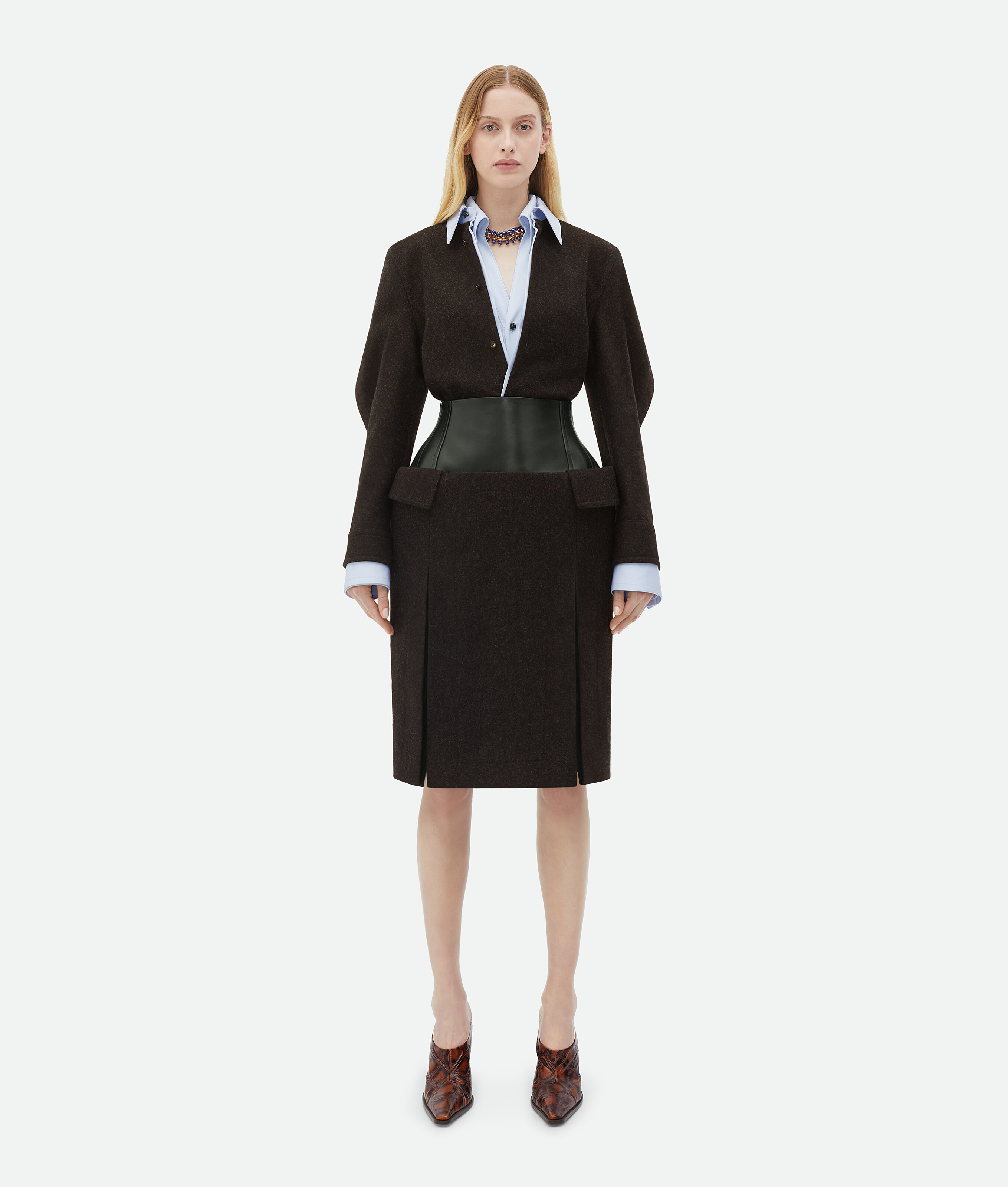 Bottega Veneta Leather And Wool Midi Skirt In Black