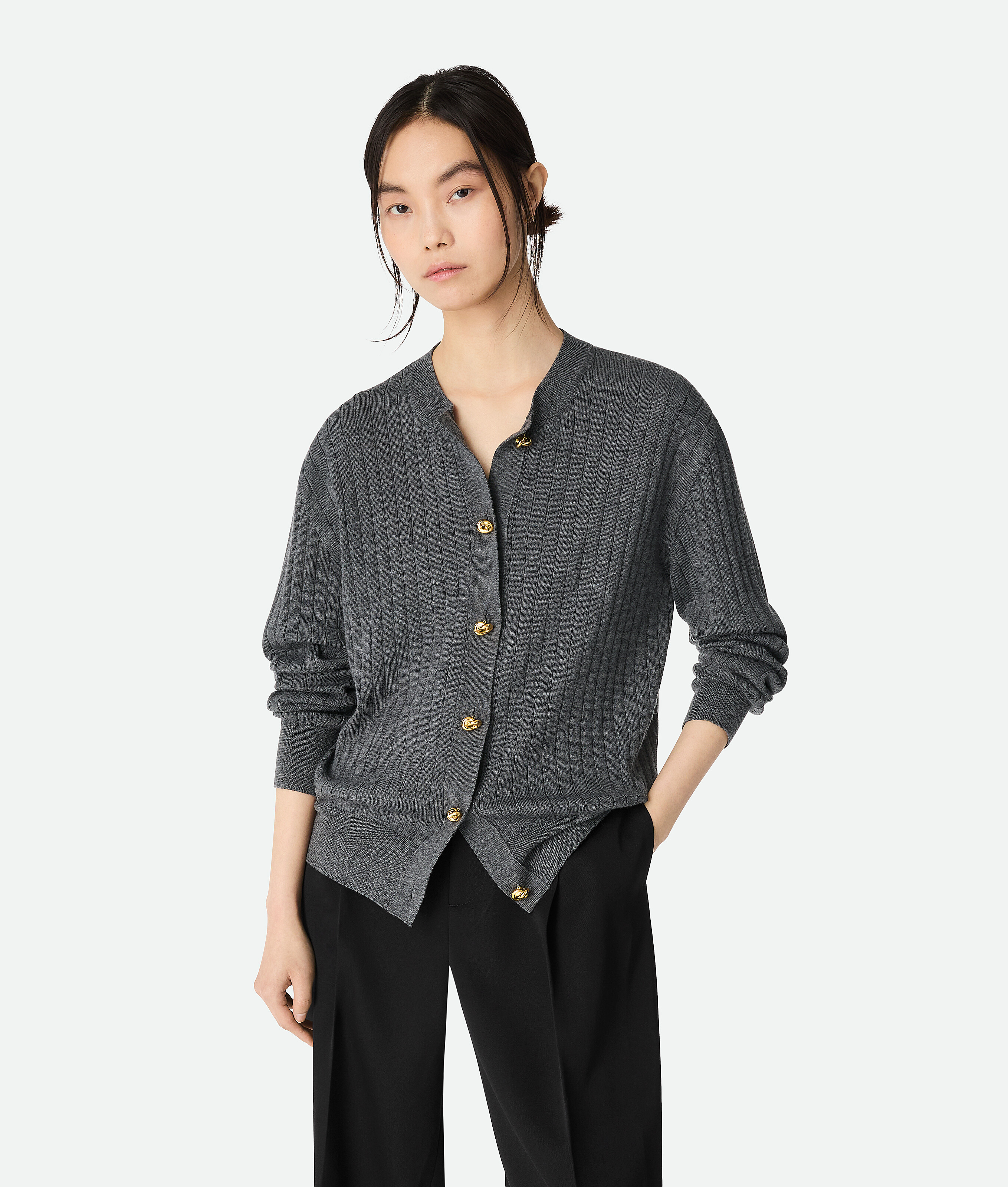 Bottega Veneta Cardigan In Lana A Coste - Grigio E Argento - Donna - XS - Lana