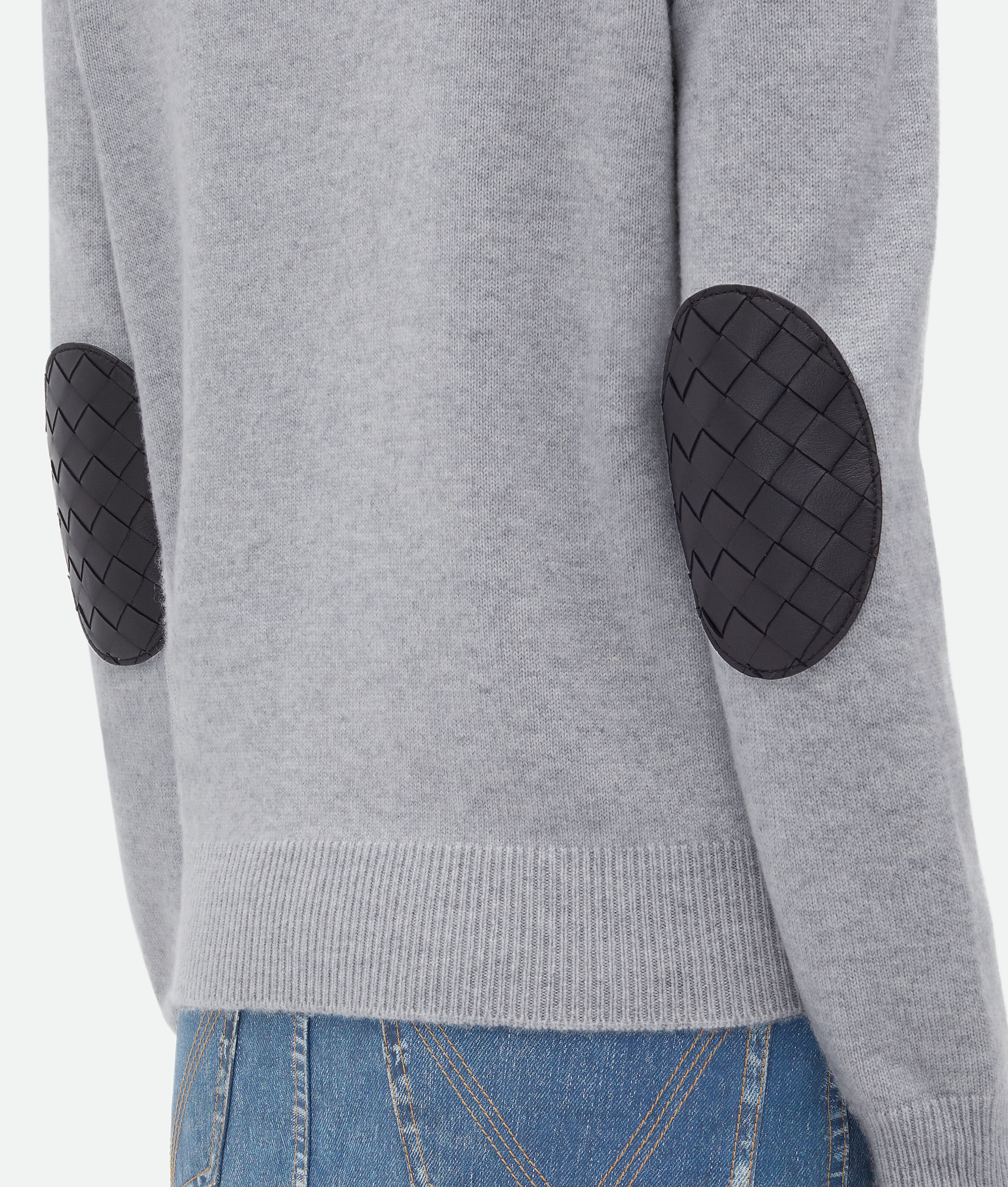 Shop Bottega Veneta Cashmere Jumper With Intrecciato Leather Patches In Grey