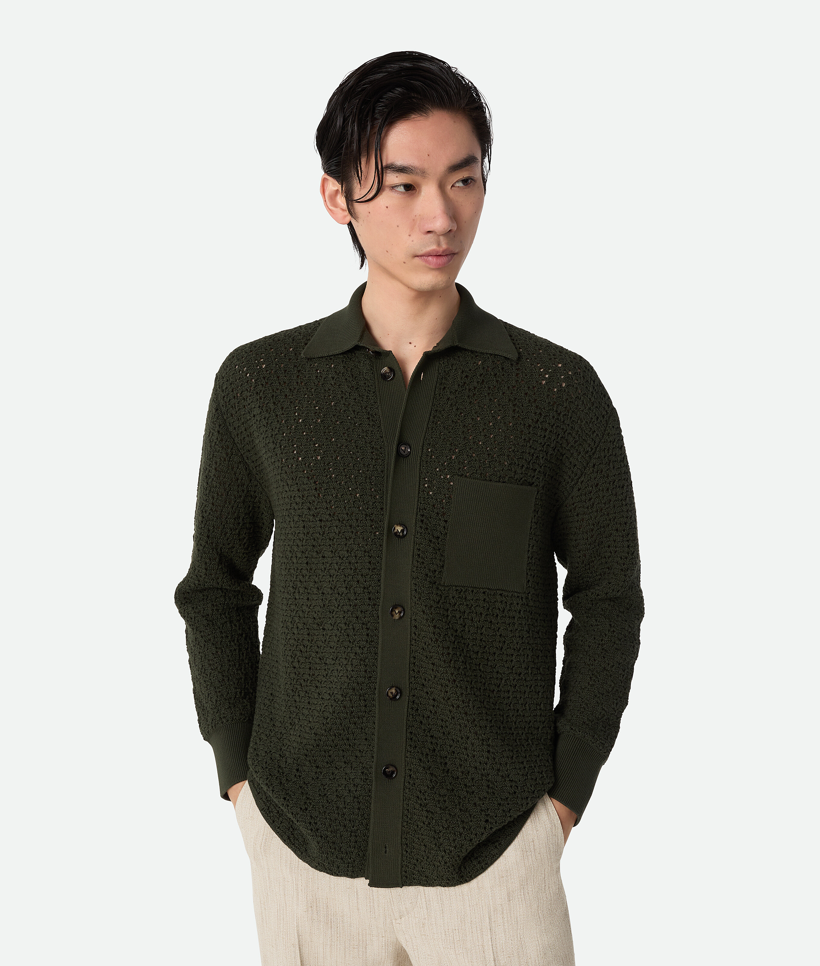 Bottega Veneta Cotton Crochet Knit Shirt - Green - Man - M - Cotton