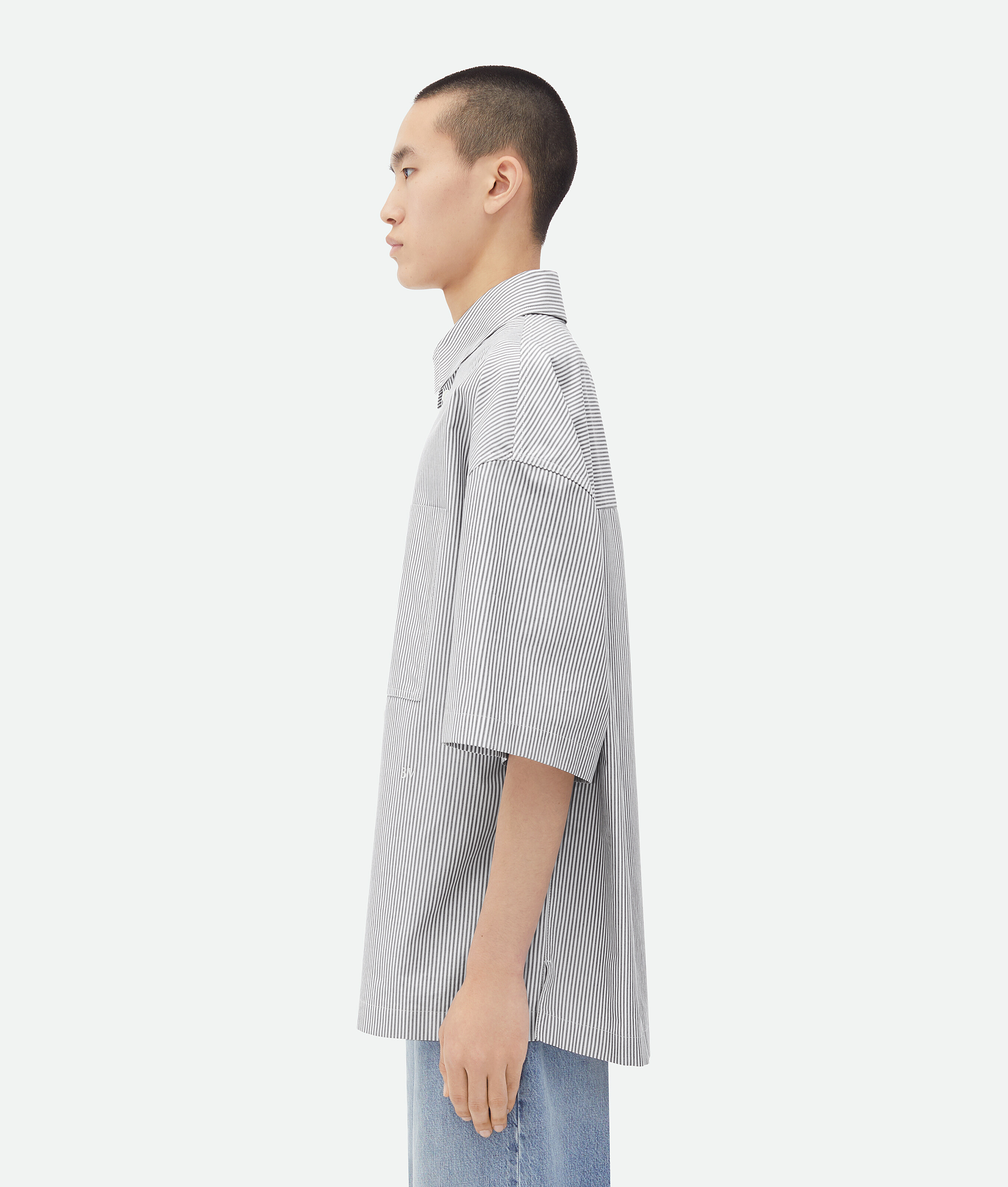 Shop Bottega Veneta Stripe Cotton Overshirt With "bv" Embroidery In Grey