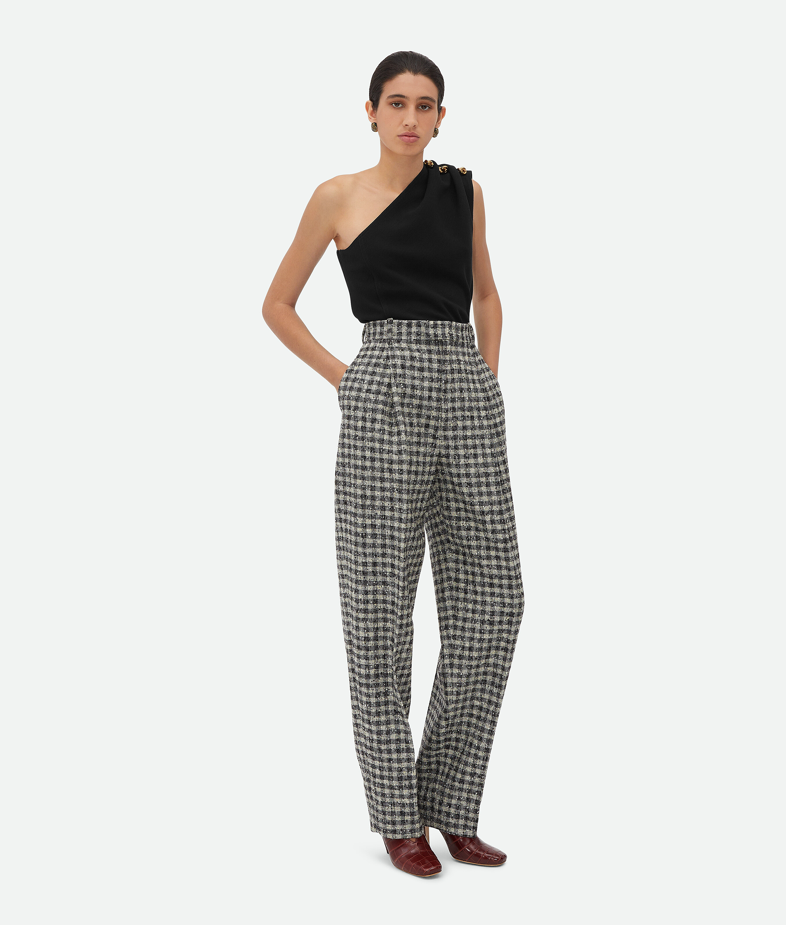 Bottega Veneta Boucle Gingham Wool Trousers In Black/pearl/khaki
