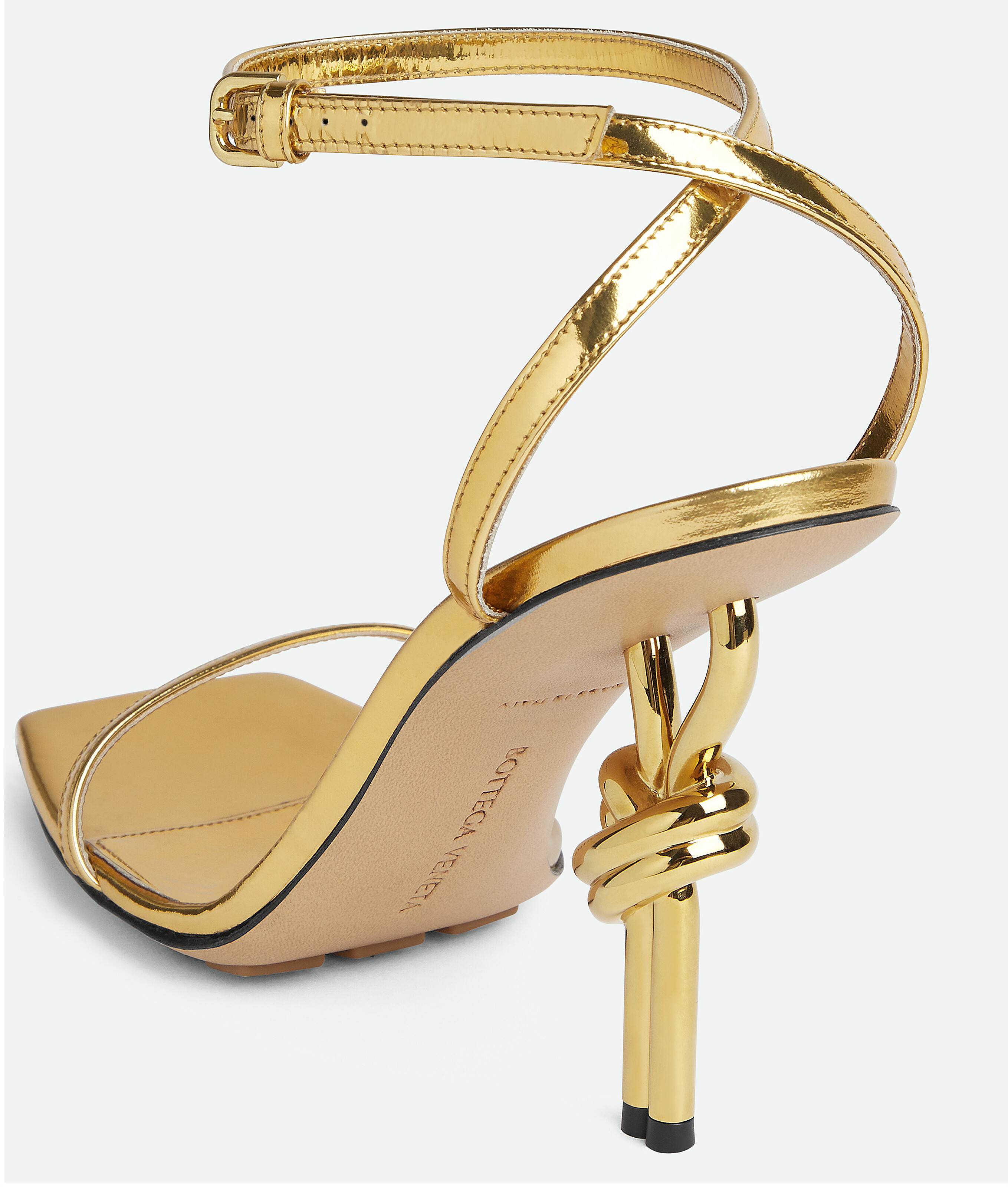 Bottega Veneta Metallic Knot-heel Ankle-strap Sandals In Gold