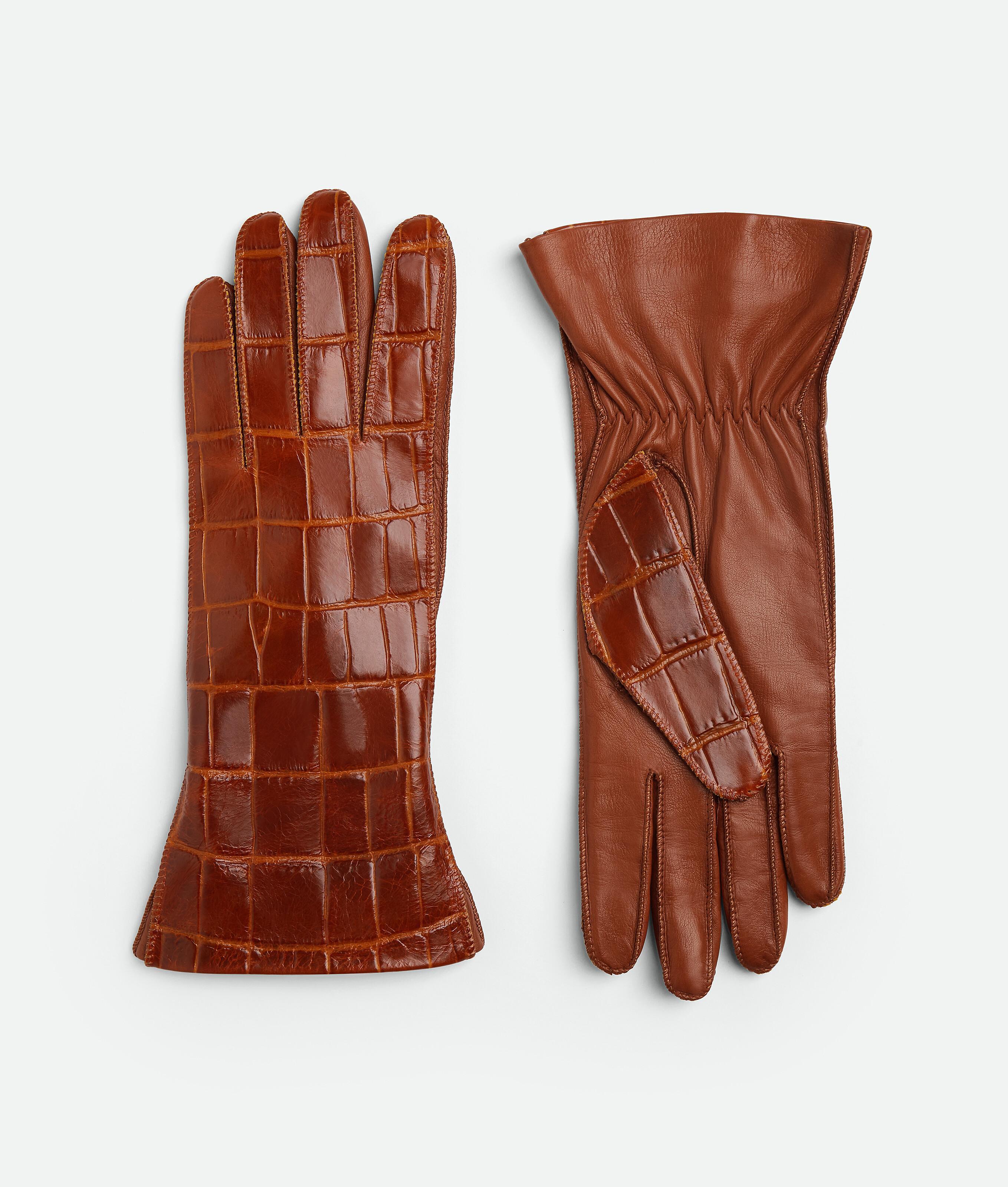 Bottega Veneta Crocodile-effect Leather Gloves In Brown