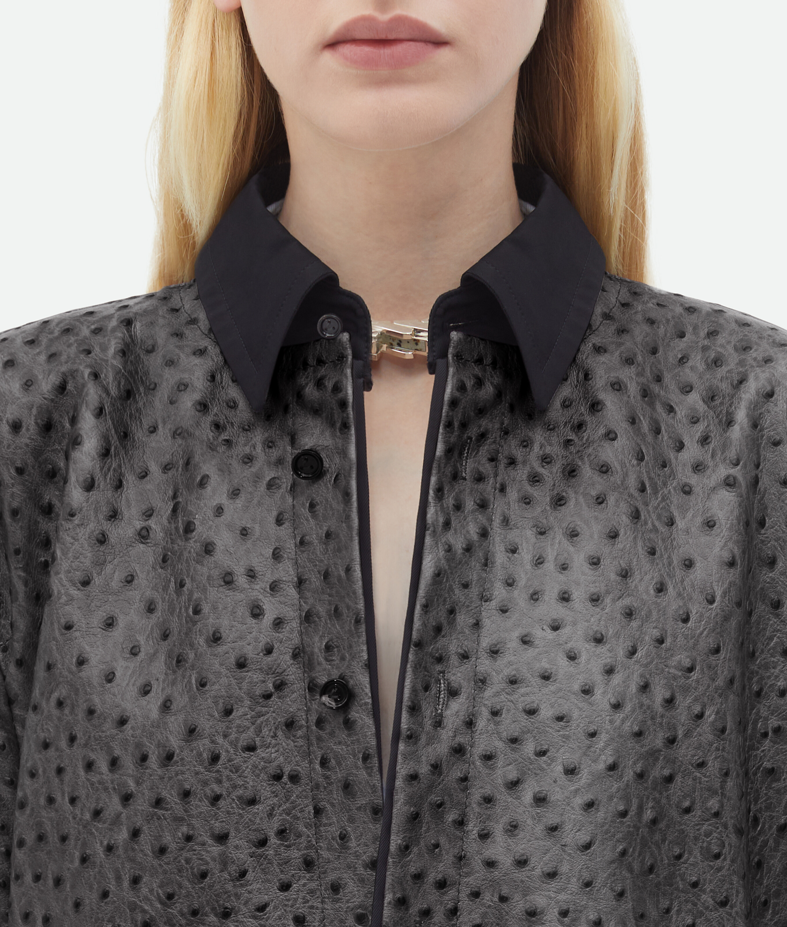 Shop Bottega Veneta Ostrich-effect Leather Double Shirt Dress In Grey