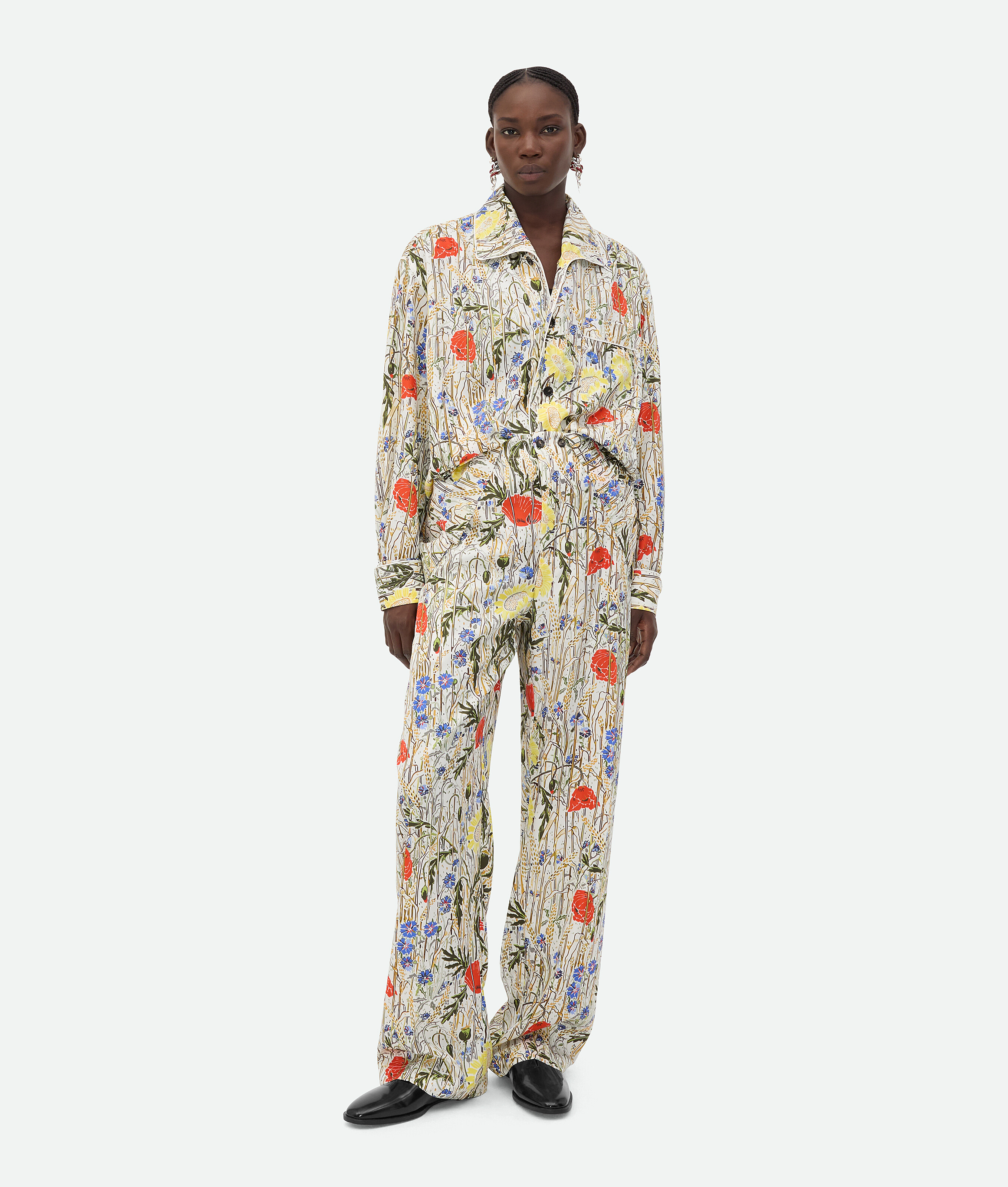 Bottega Veneta Womens Chalk Hibiscus Khaki Flower-print Wide-leg High-rise Woven-blend Pyjama Set In Chalk/hibiscus/khaki