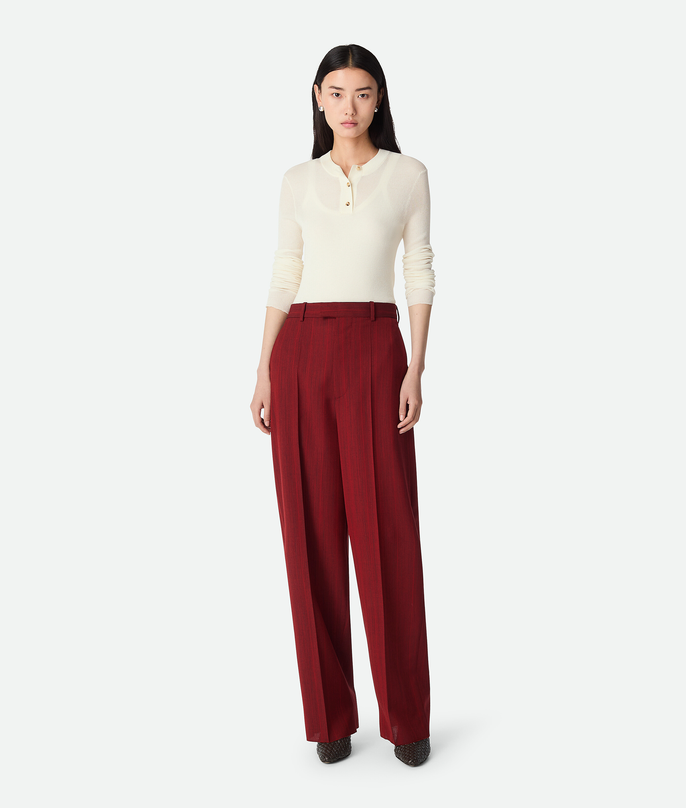 Bottega Veneta Fein Gestreifte Wollhose Mit Weitem Bein In Red/grey Melange