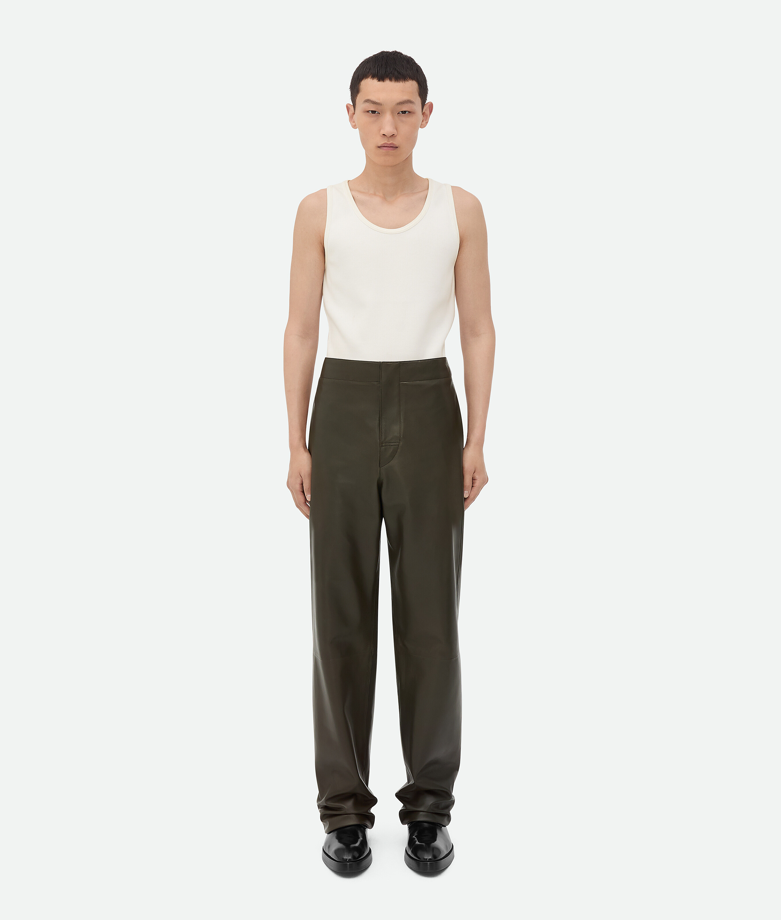 Shop Bottega Veneta Leather Wide Leg Trousers In Dark Olive