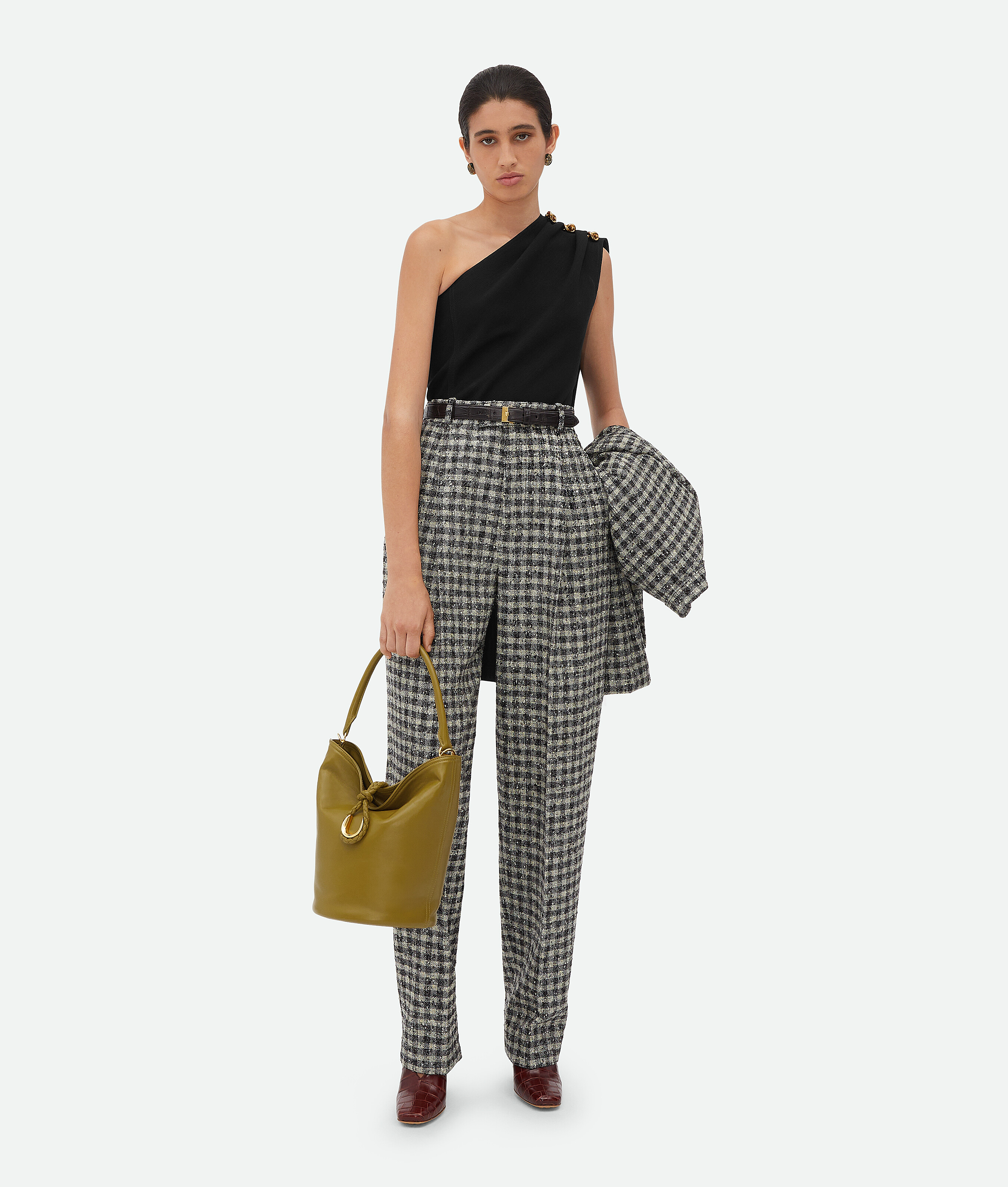 Bottega Veneta Boucle Gingham Wool Jacket In Black/pearl/khaki