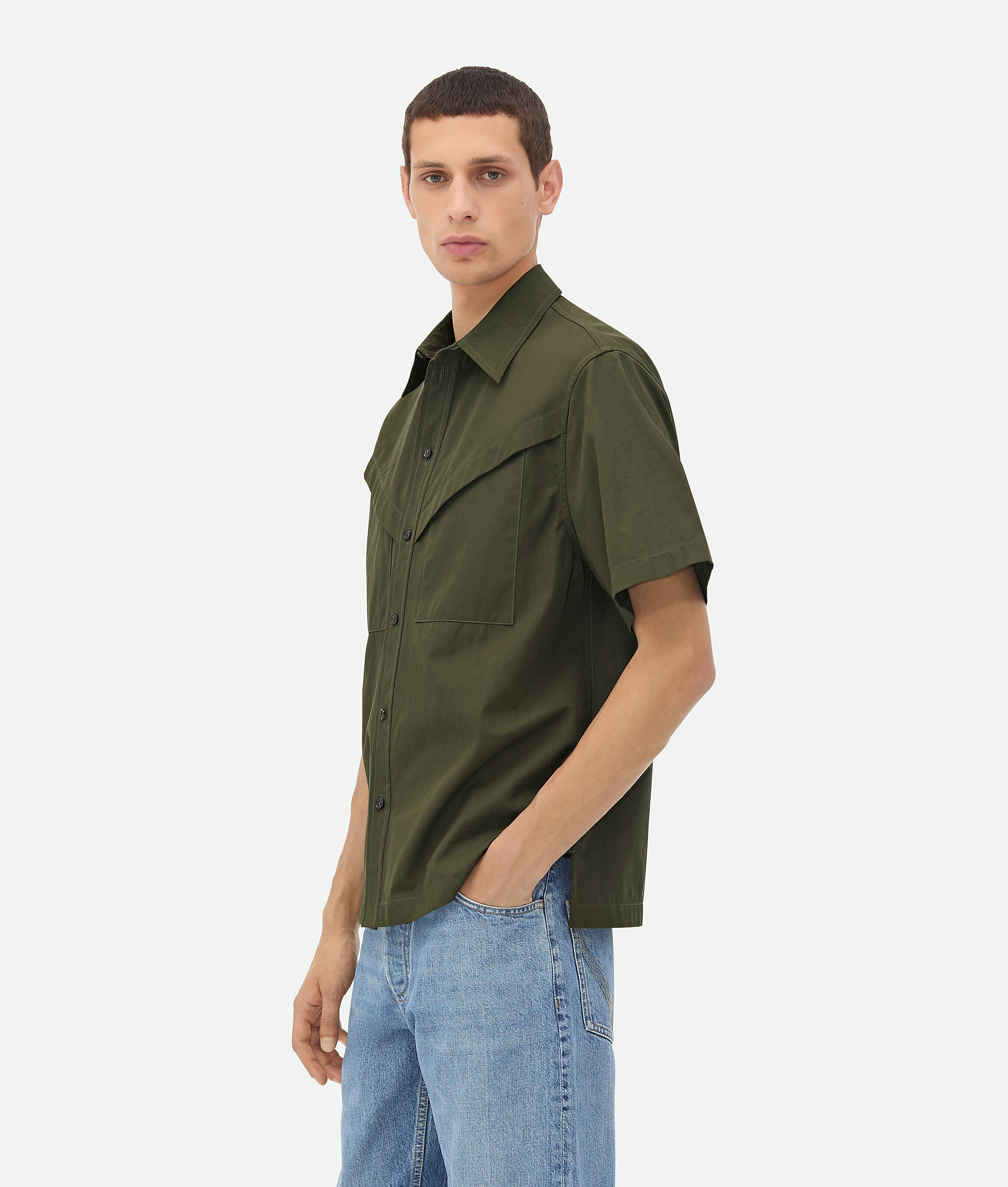 Bottega Veneta Light Cotton Twill Short Sleeved Shirt In Khaki