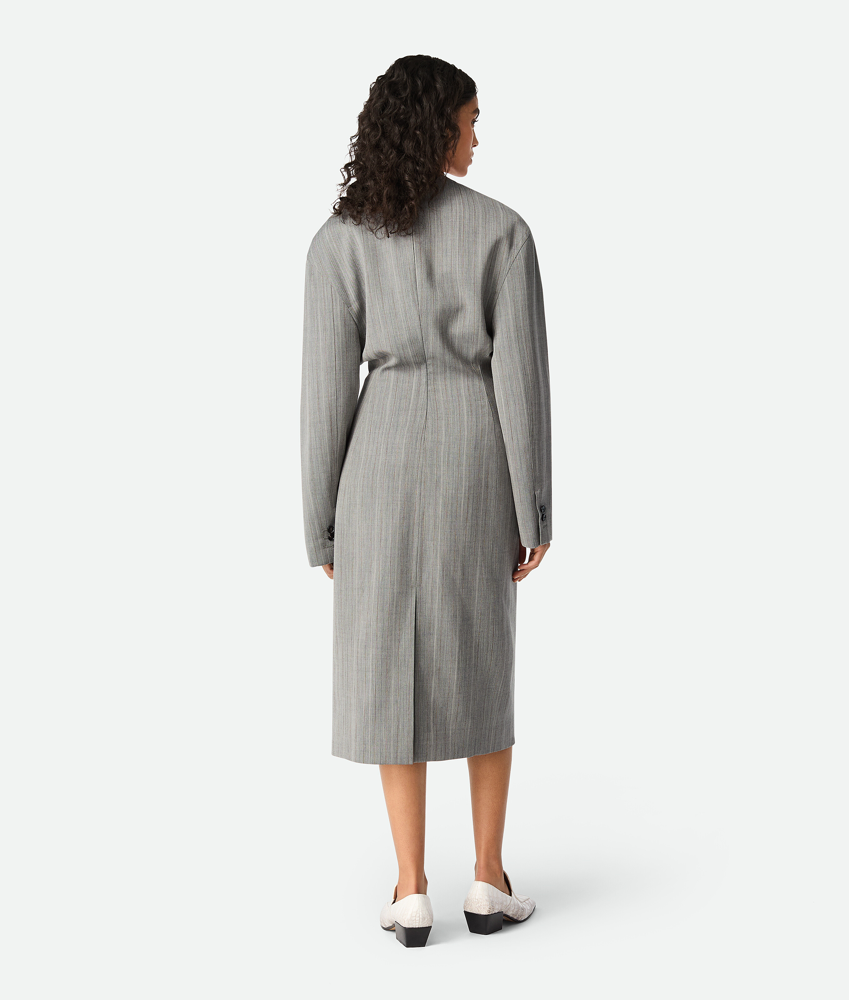 Bottega Veneta Subtle Stripe Melange Wool Dress With Frog Brooch In Vulcano/bean Melange