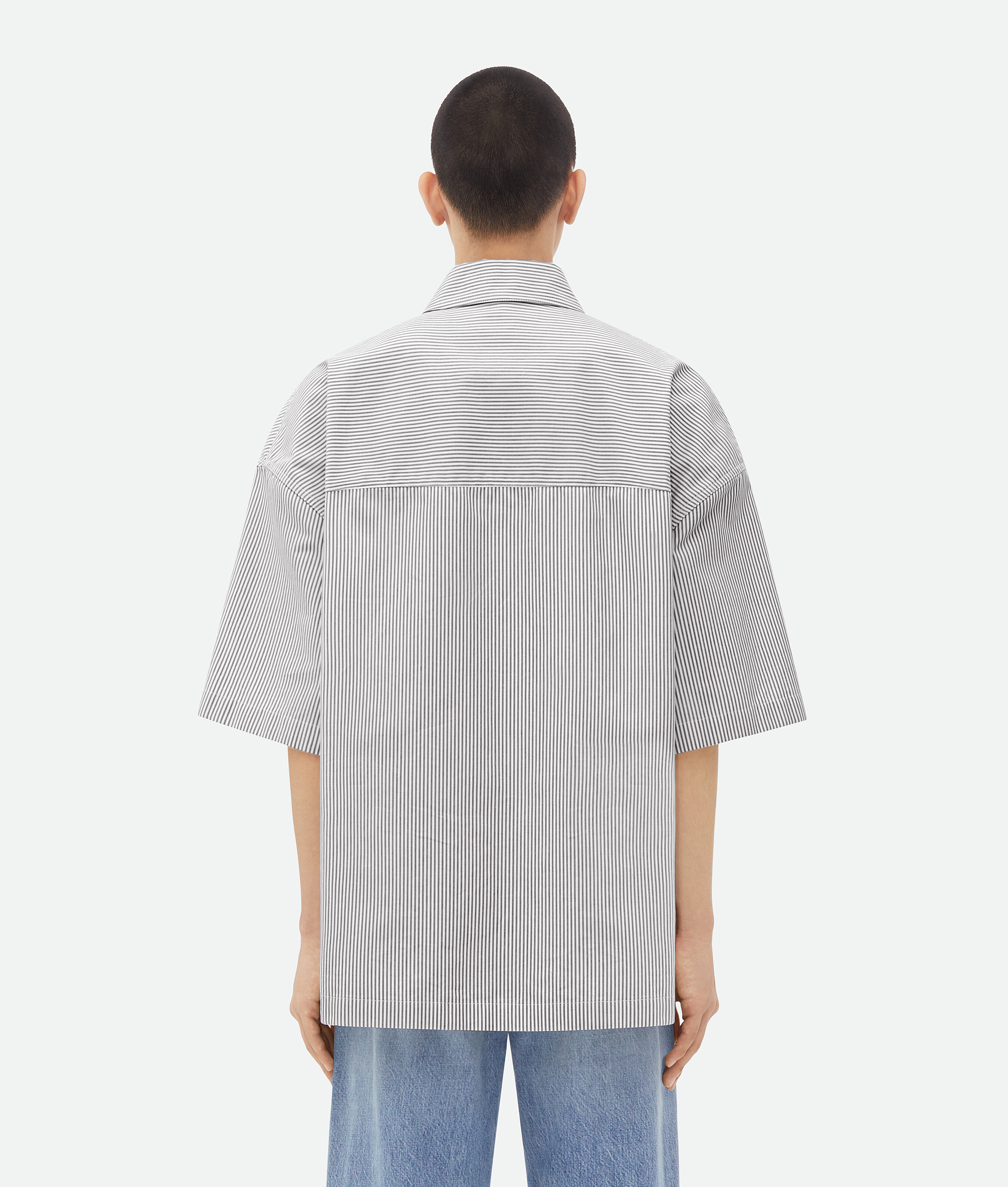 Shop Bottega Veneta Stripe Cotton Overshirt With "bv" Embroidery In Grey