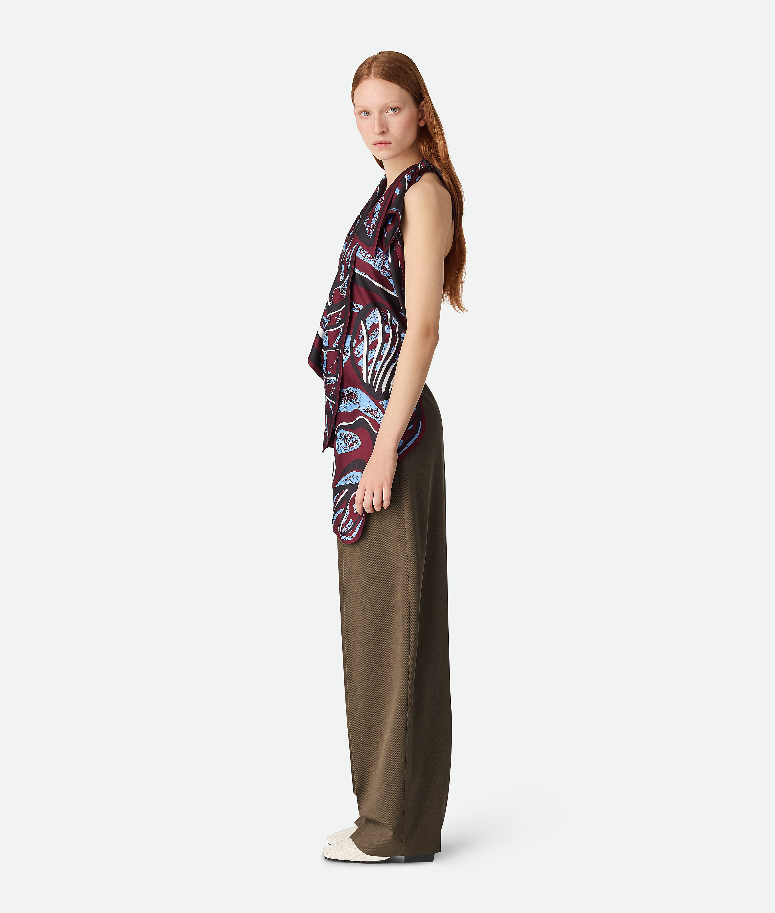 Bottega Veneta Fish Print Asymmetric Silk Twill Halter Top In Black Cherry/admiral