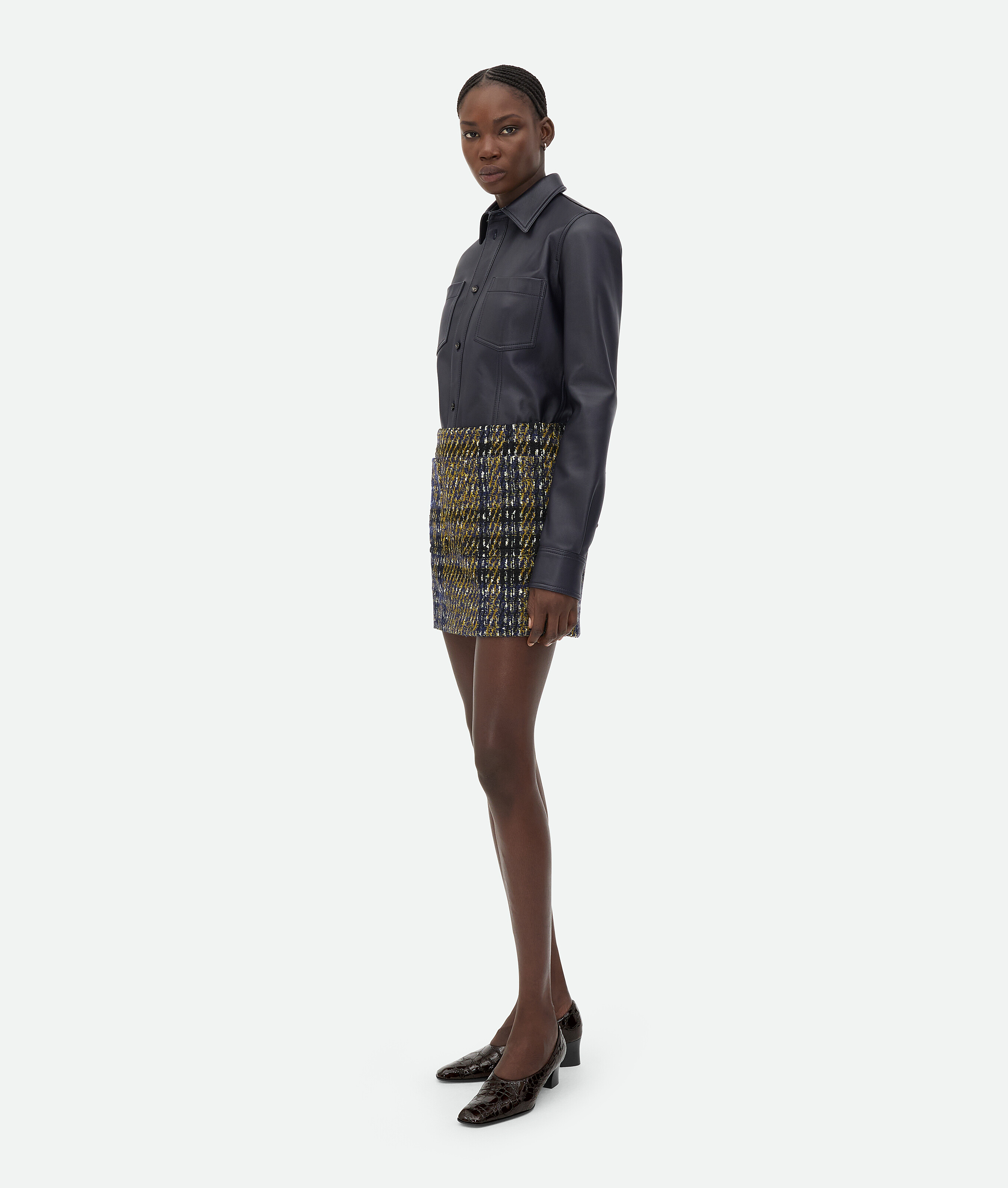 Bottega Veneta Check Pressed Wool Skirt In Eclipse/black/yellow