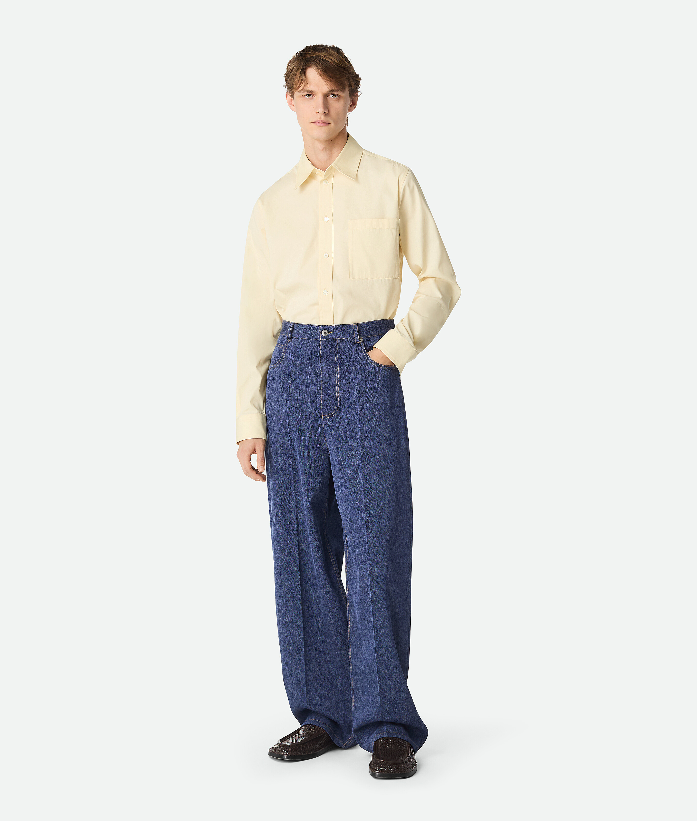 Bottega Veneta Wool Cotton Wide Leg Trousers In Indigo