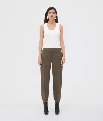 curved shape compact wool trousers