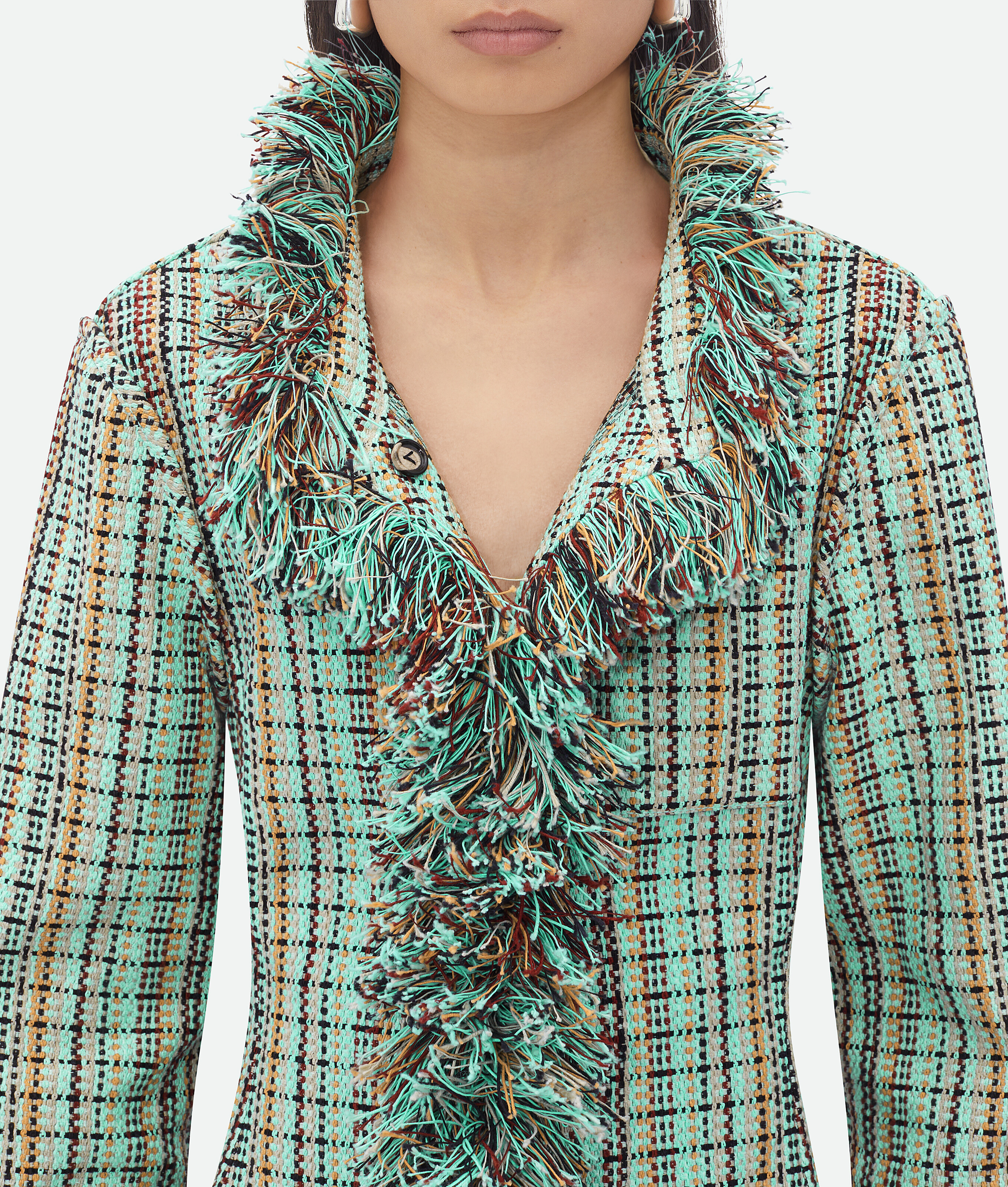 Shop Bottega Veneta Cotton Check Jacket With Fringes In Multicolor