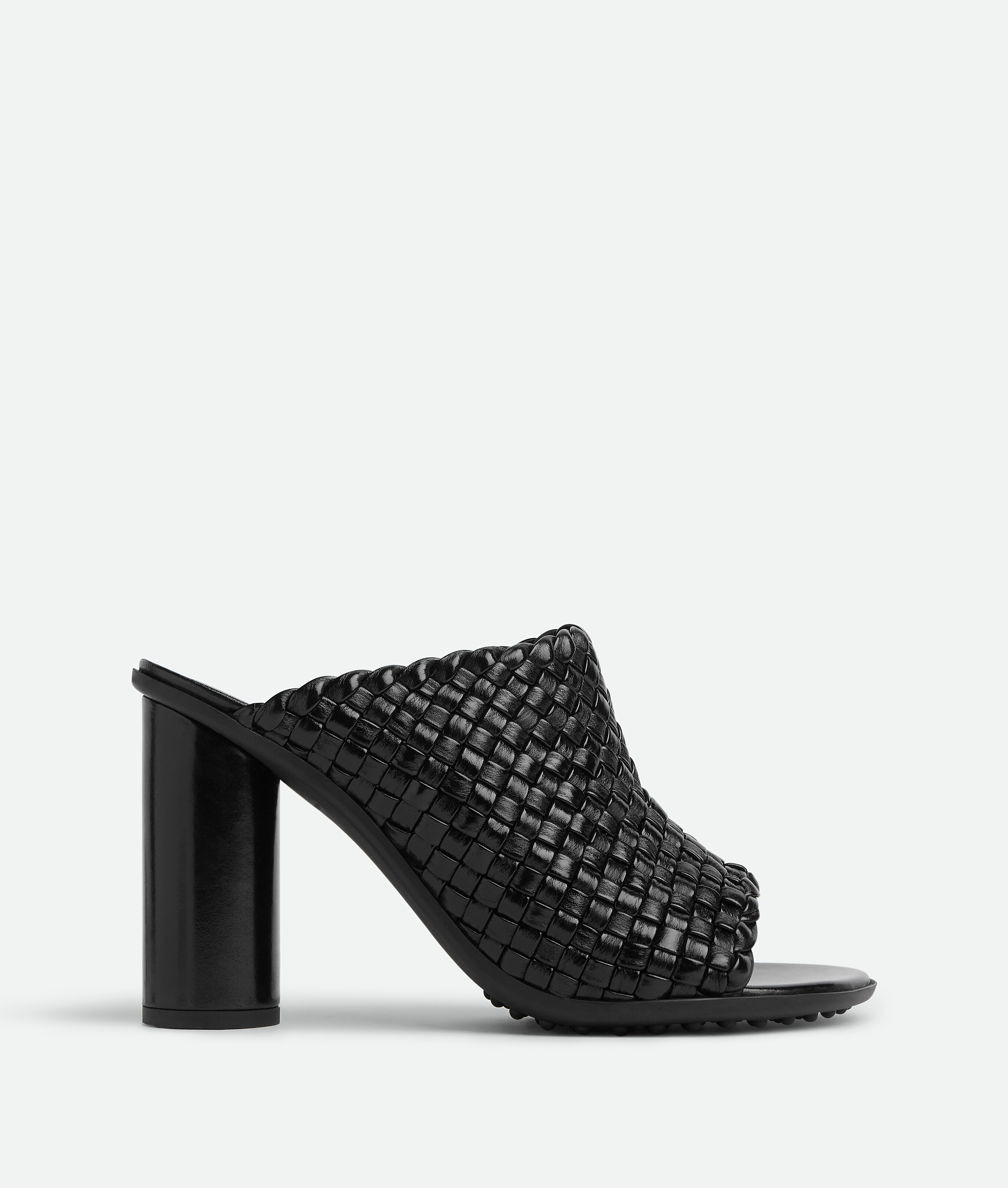 Bottega Veneta Intreccio Pattern Leather Sandals With Cylinder Heel In Black