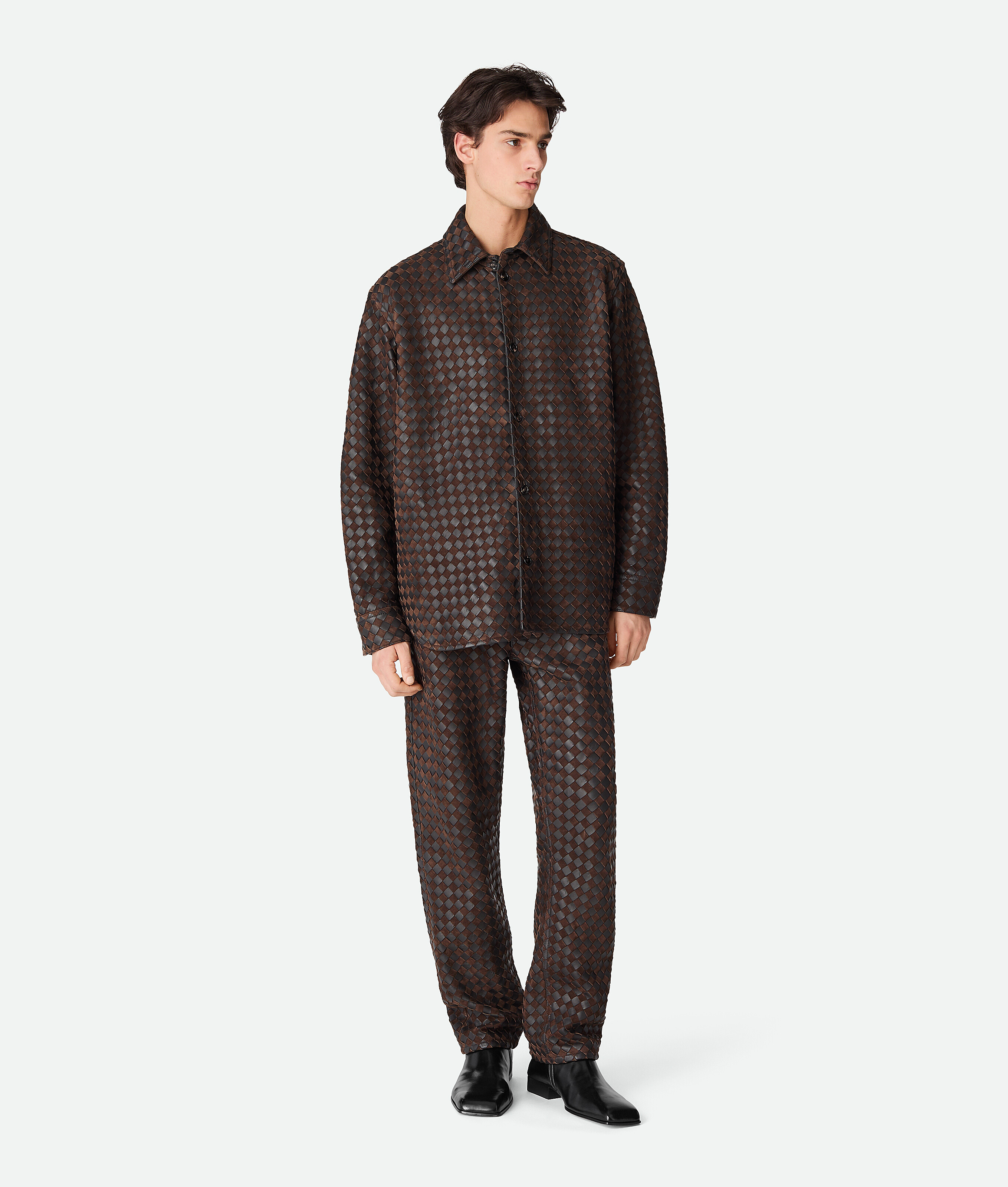 Bottega Veneta Intrecciato Leather And Suede Shirt - Fondant/tobacco - Man - 44 - Lambskin