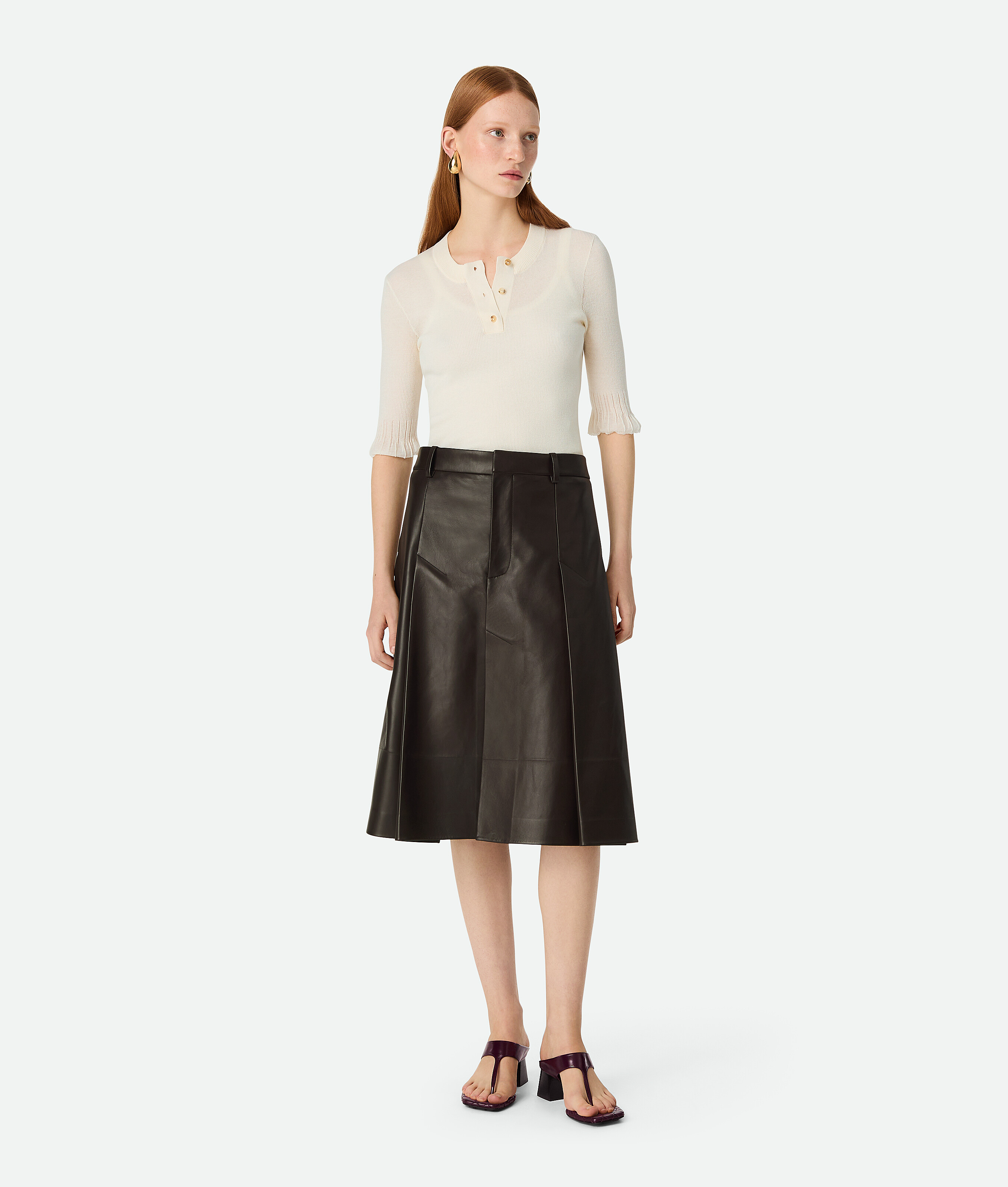 Bottega Veneta Leather Pleated Skirt - Kale - Woman - 4 - Wool & Polyamide