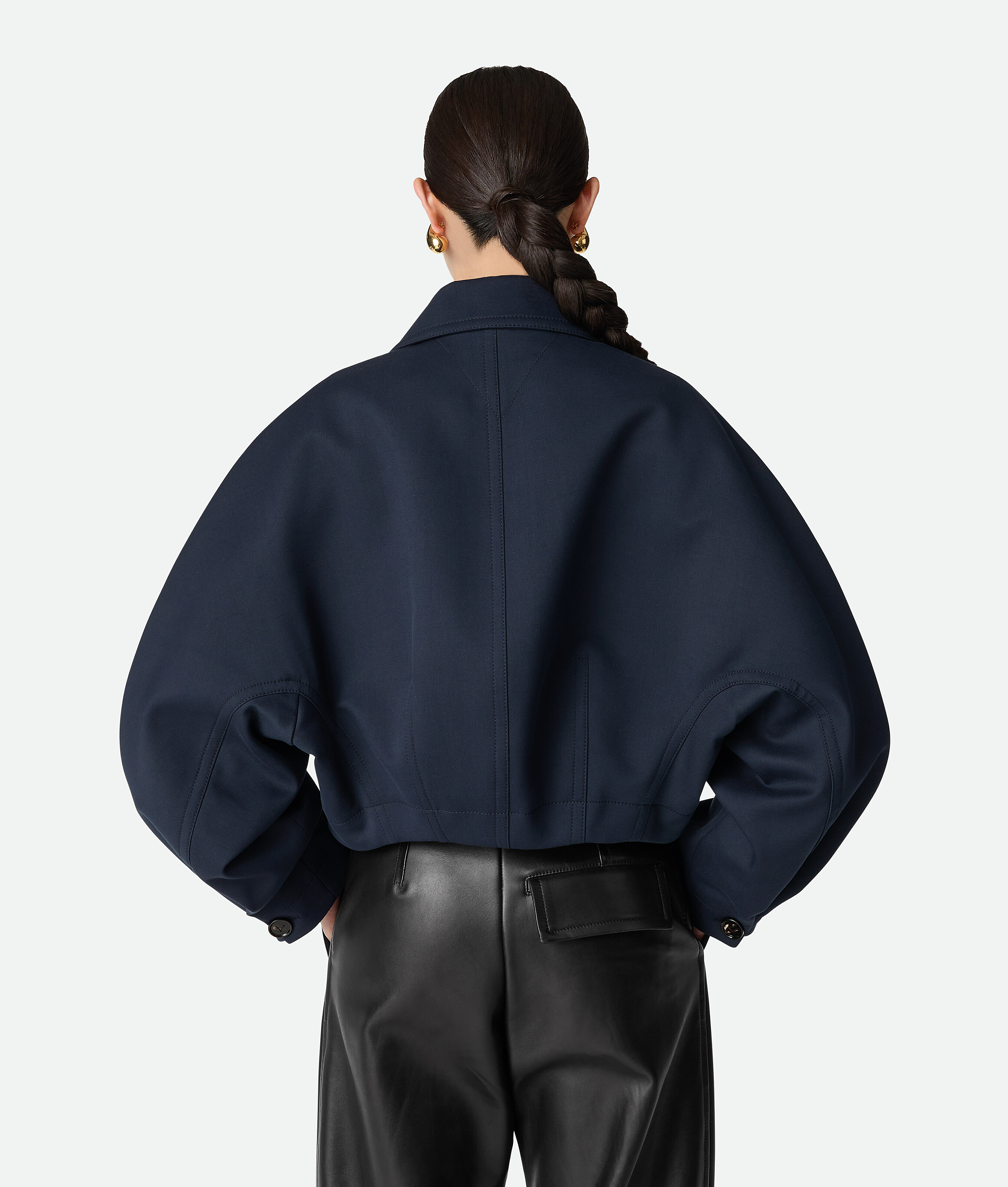 Bottega Veneta Women Blue Jacket With Classic Collar And Two Front Leather Patch Pockets In Cotton A In Blue
