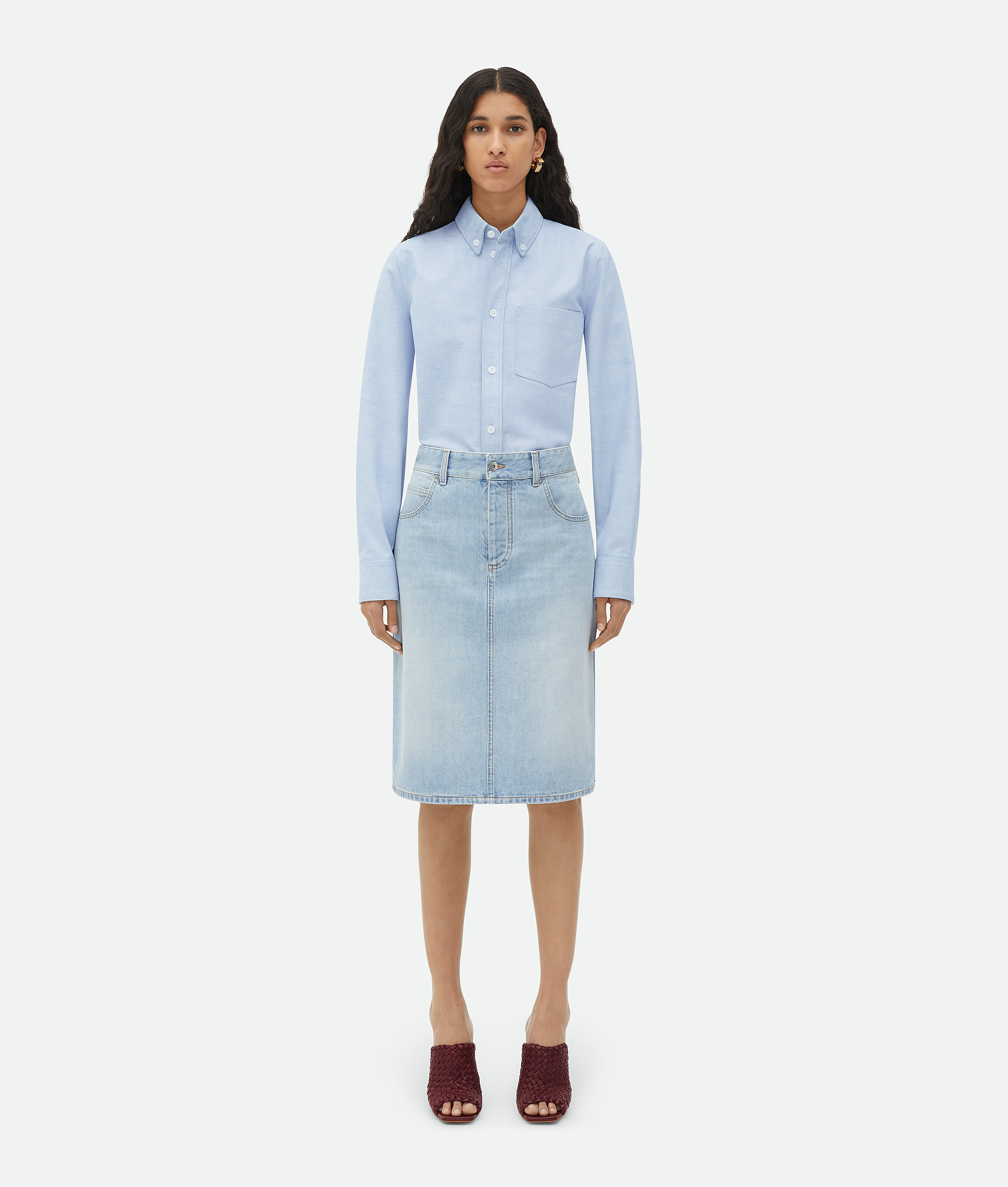 Shop Bottega Veneta Light Bleached Denim Midi Skirt In Blue