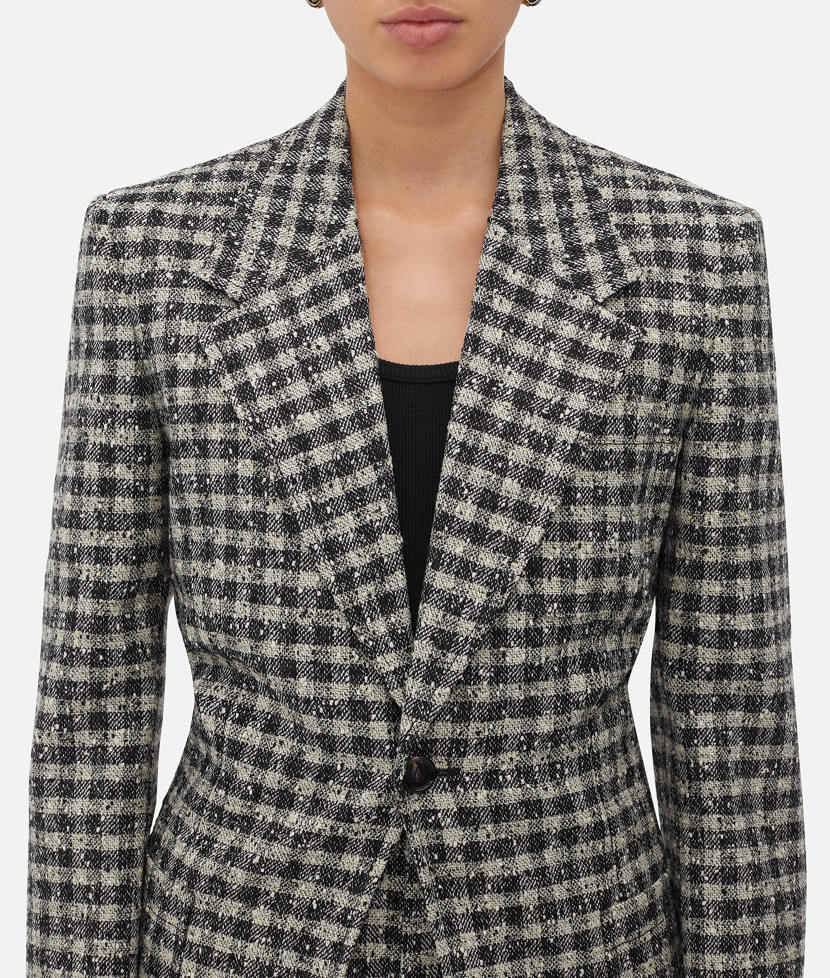 Bottega Veneta Boucle Gingham Wool Jacket In Black/pearl/khaki