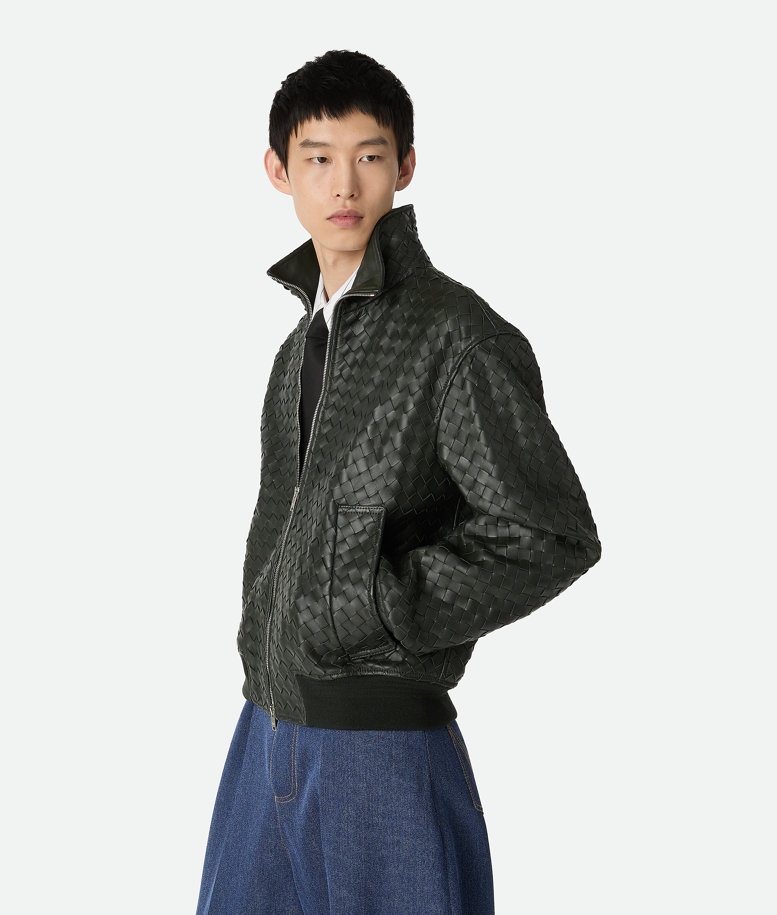 Bottega Veneta Blouson En Cuir Intrecciato In Green