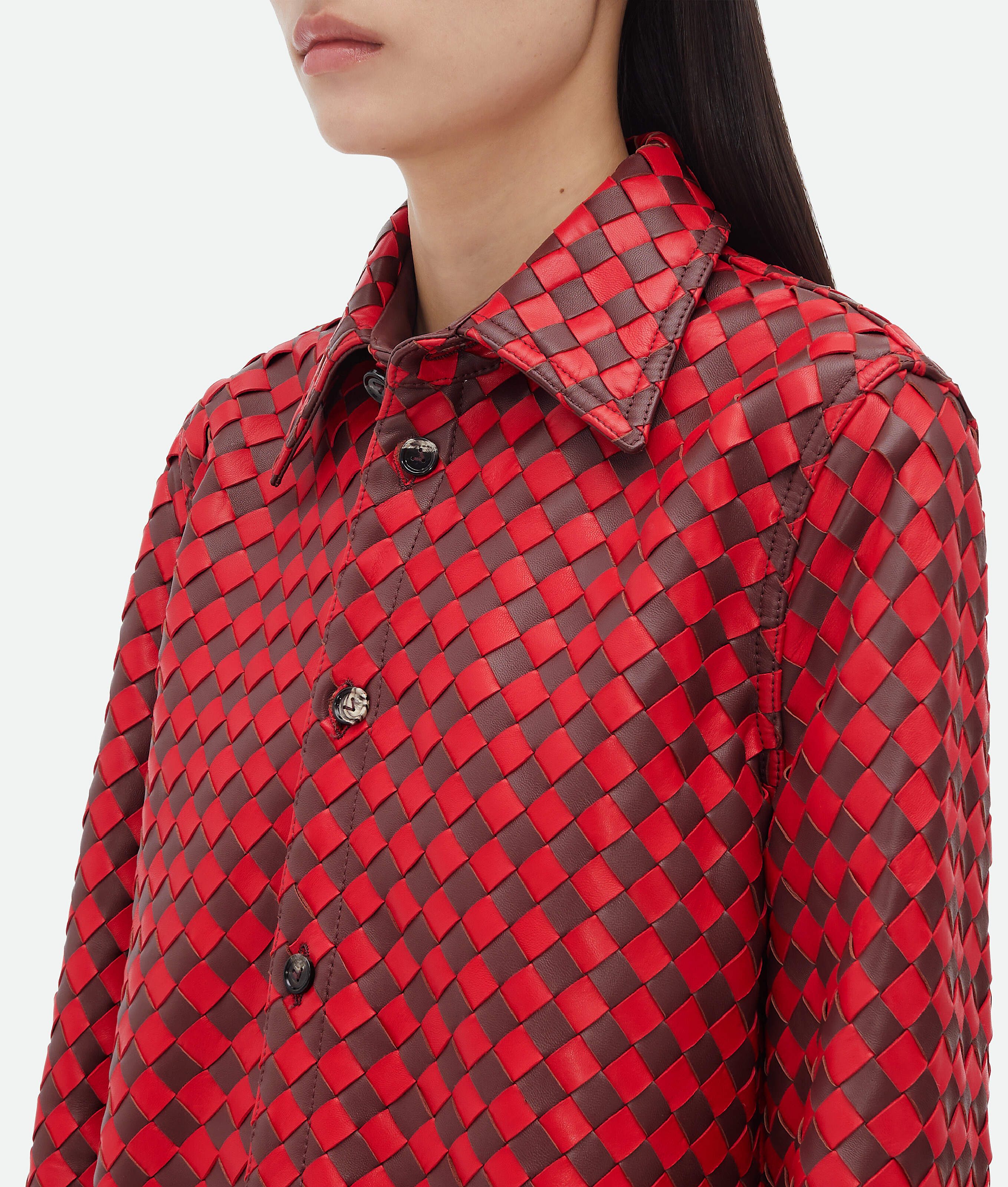 Shop Bottega Veneta Leather Bicolour Intrecciato Shirt In Red