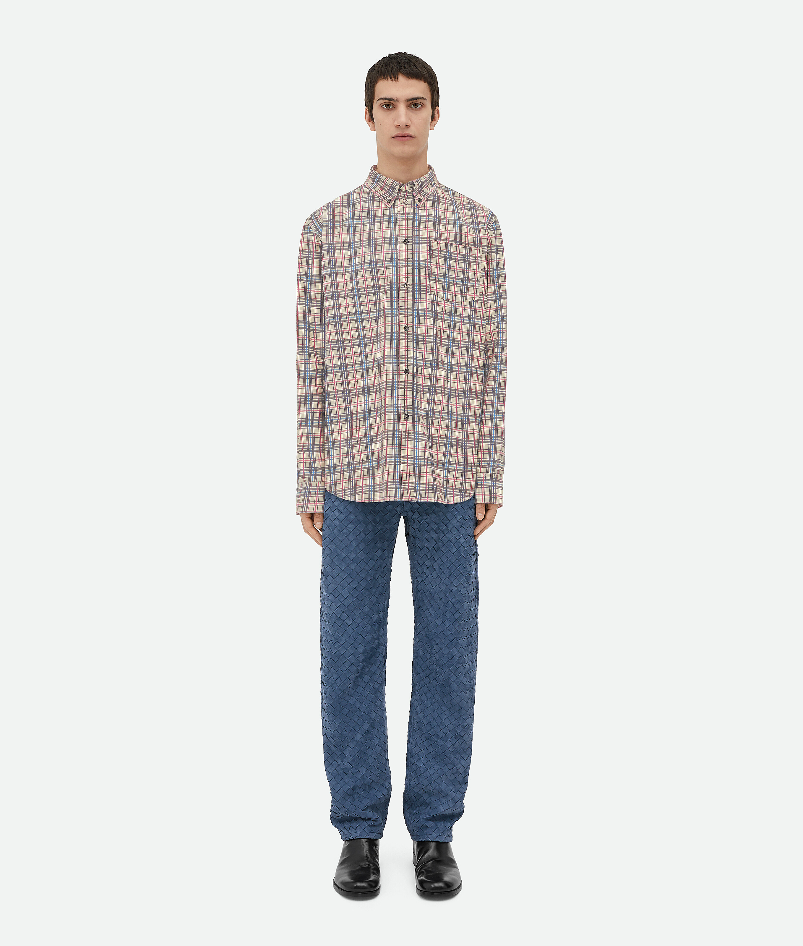 Shop Bottega Veneta Printed Leather Checked Shirt In Birch/fondant/red